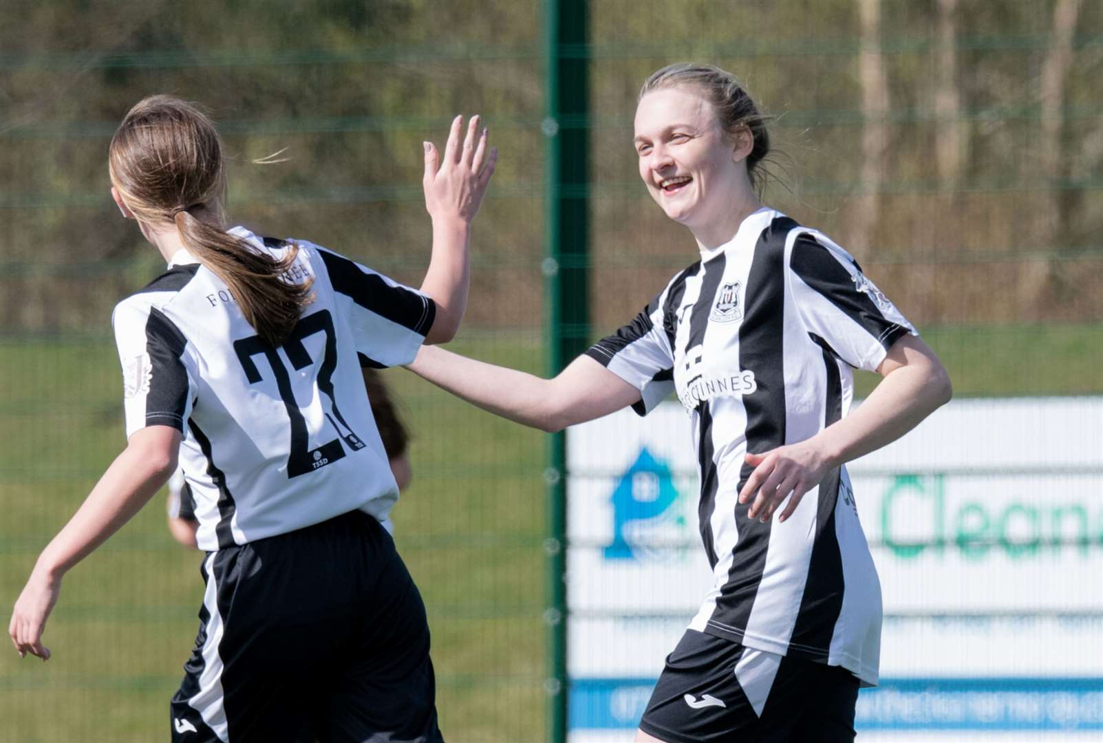 Elgin City's Sarah Westwood cebrates with team mate Darcy Matheson after her deflected shot opened the scoring.Picture: Daniel Forsyth.