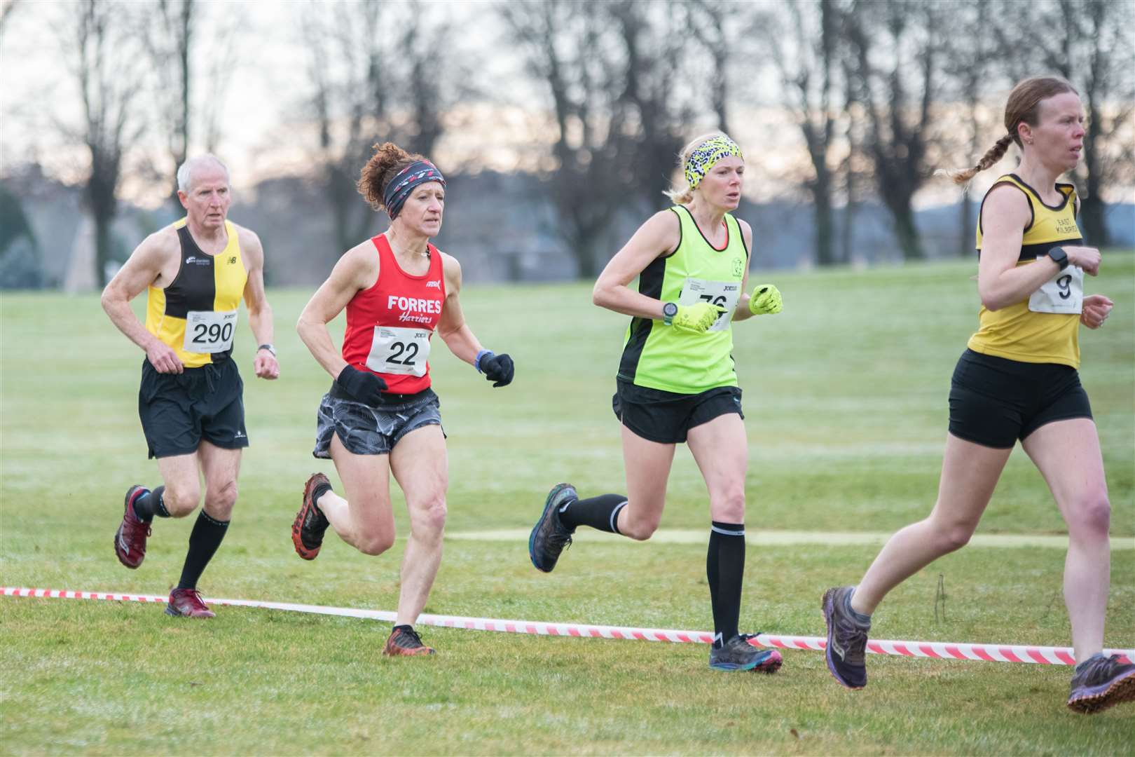 Forres Harriers Siobhan Evans (centre left) and Moray Road Runners' Michelle Slater during the first section of the race. ..scottishathletics National Masters Cross Country Championships at Grant Park, Forres February 11 2024...Picture: Daniel Forsyth..