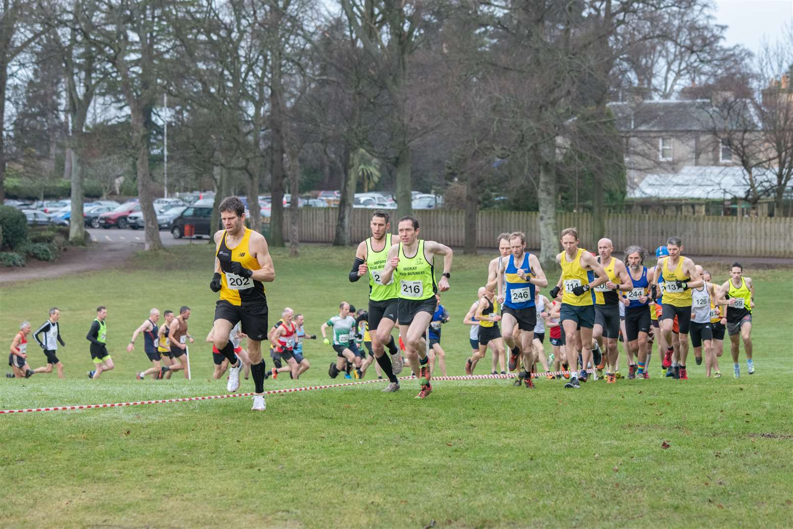 Start of the Men's 40-64 year-old race. ..scottishathletics National Masters Cross Country Championships at Grant Park, Forres February 11 2024...Picture: Daniel Forsyth..