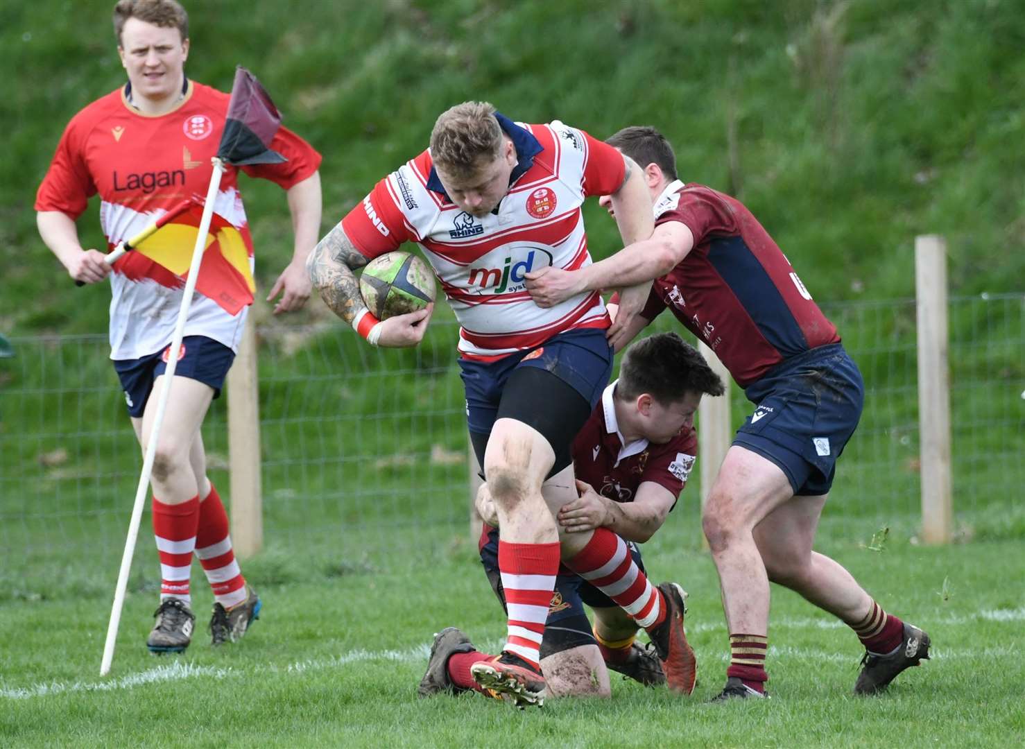 Lewis Scott tries to break a double tackle. Picture: James Officer