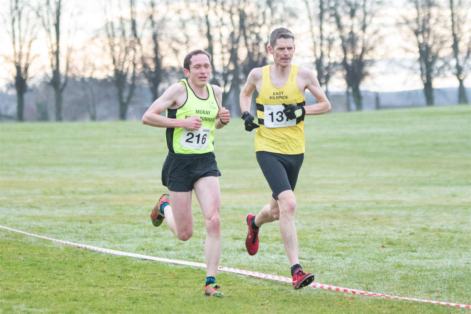 Ben Livesey (left) finished second and Grant Baillie (right) won the Men's 40-to-64 year-old race...scottishathletics National Masters Cross Country Championships at Grant Park, Forres February 11 2024...Picture: Daniel Forsyth..