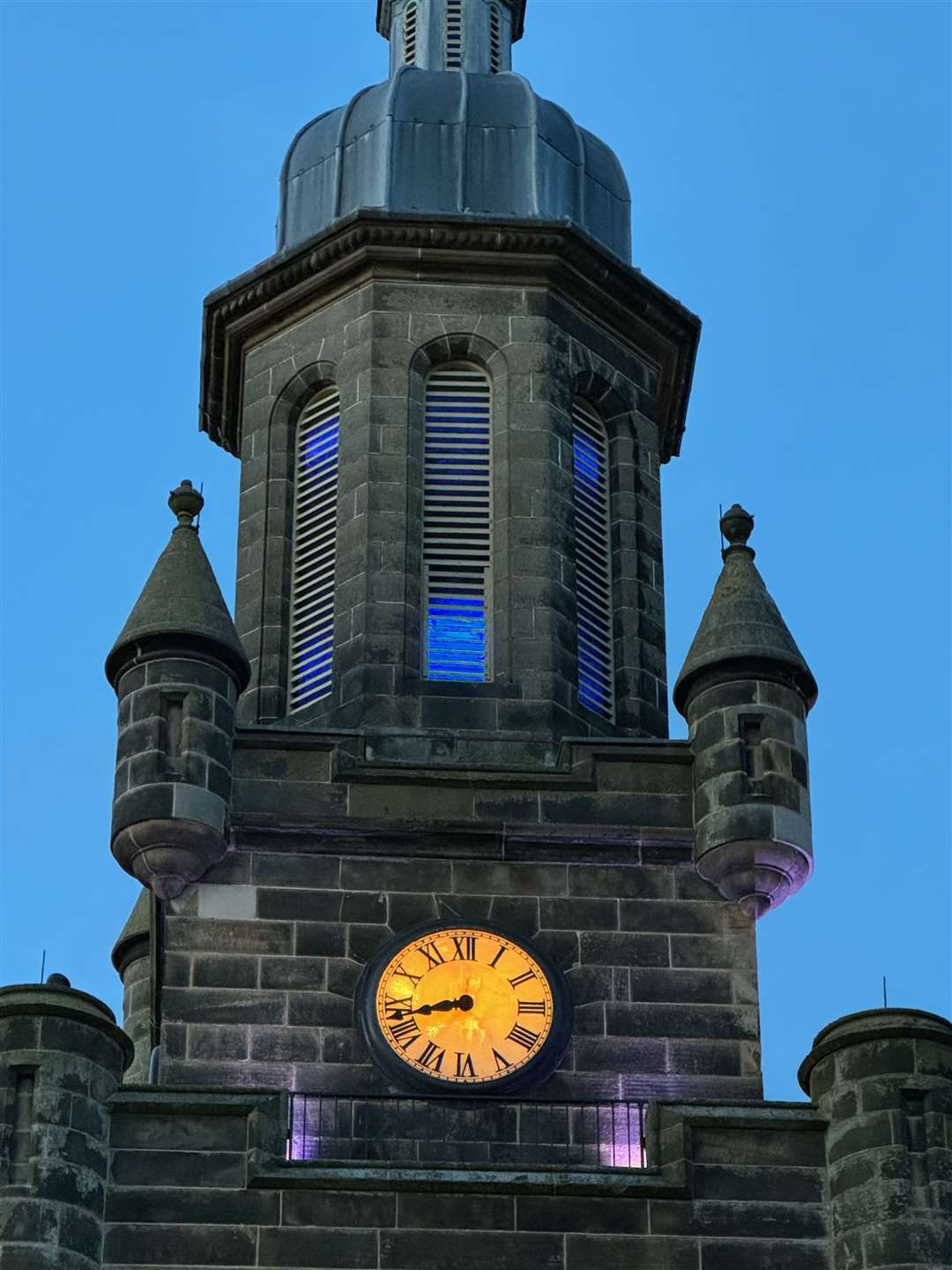 The Tolbooth in Forres lit up blue for World Parkinson's Day...Picture: David Morgan
