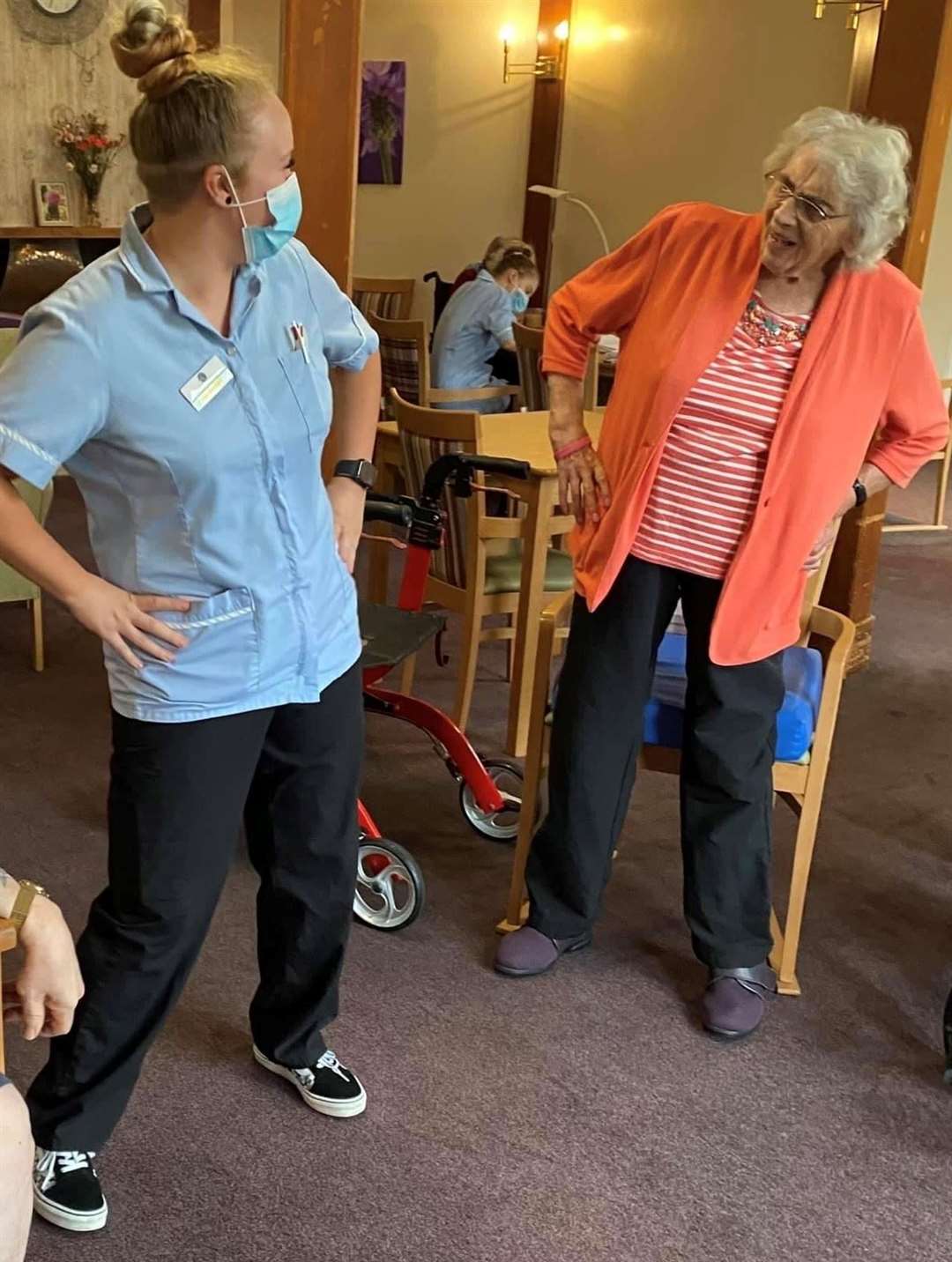 Meadowlark Care Home resident Dorothy Fowles enjoying time with carer Nat Wencel.