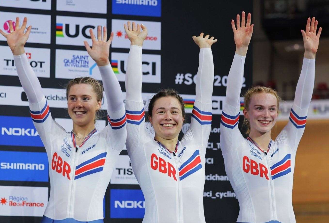 Lauren Bell (right) celebrates her Team GB team sprint bronze. Photo: Scottish Cycling
