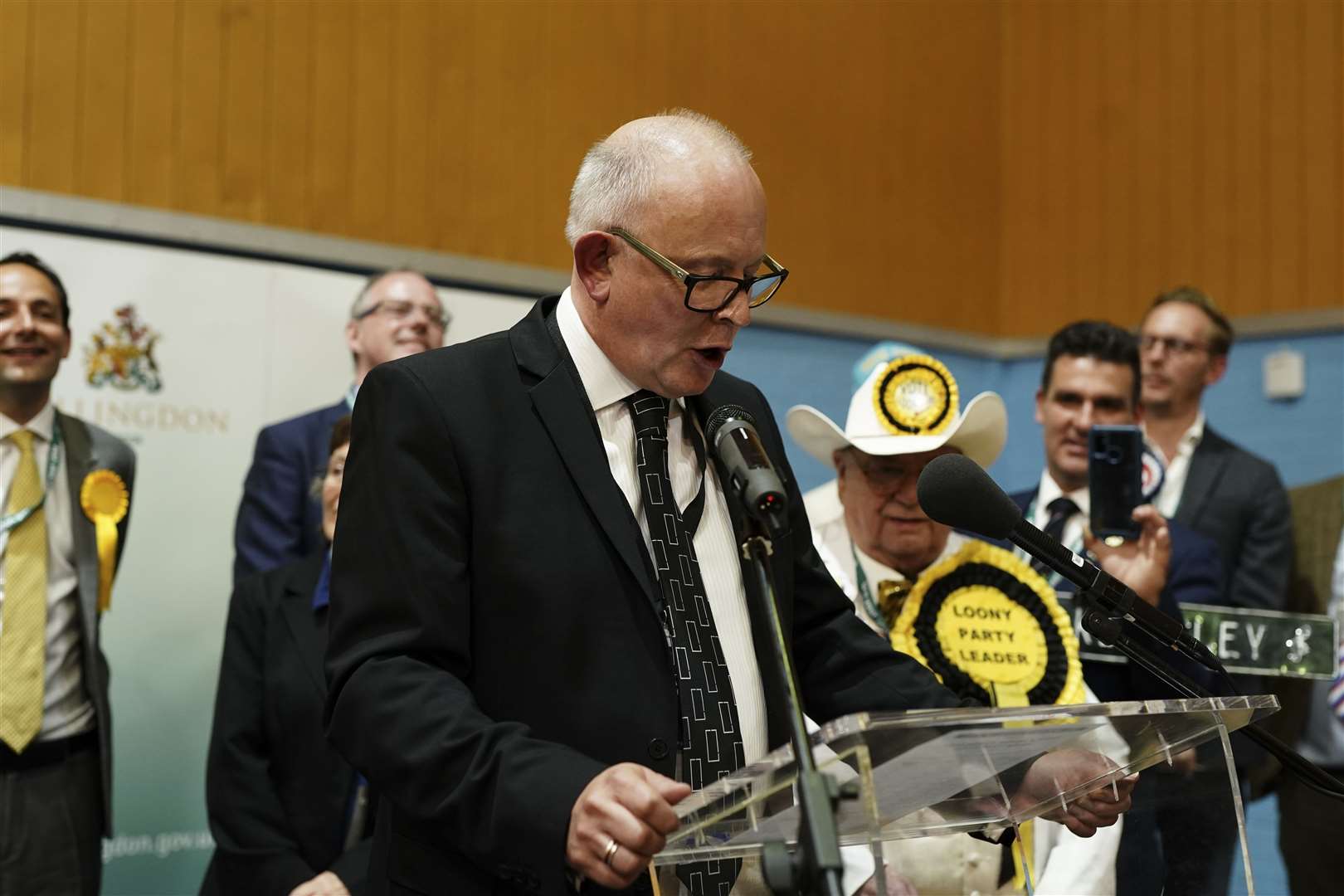 Acting returning officer Lloyd White reads the results of the Uxbridge and South Ruislip by-election (PA)
