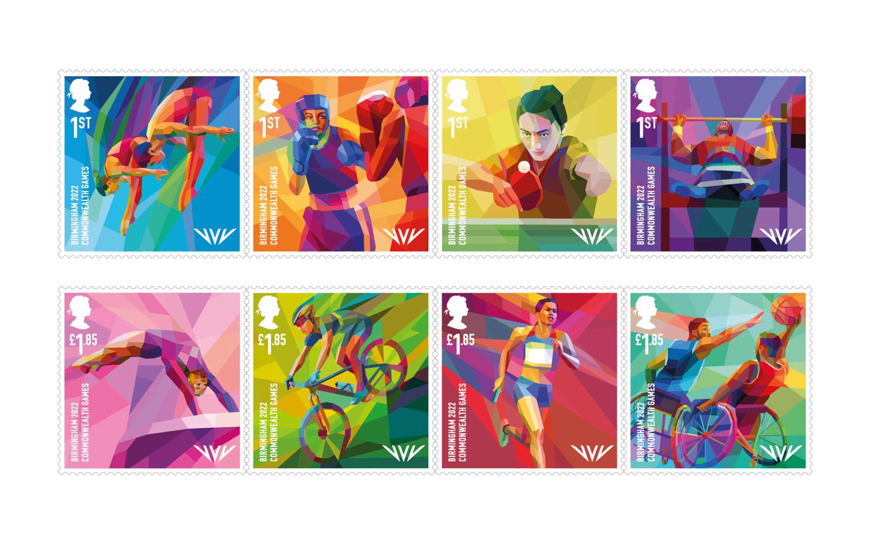 The full set of eight new stamps being issued to mark Birmingham hosting the 2022 Commonwealth Games (Royal Mail/PA)