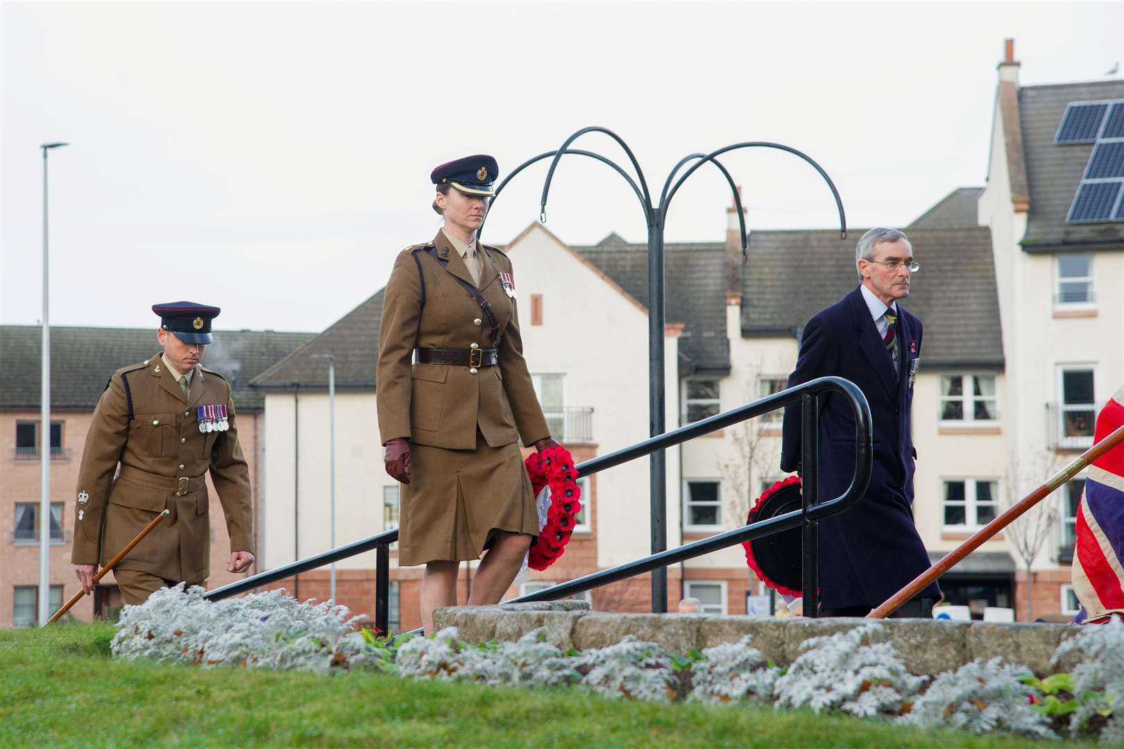 Members of the 39 Engineer Regiment and Dr Timothy Finnegan of the Forres Royal British Legion lay a wreath at the Forres memorial...Remembrance Sunday 2020...Picture: Daniel Forsyth..