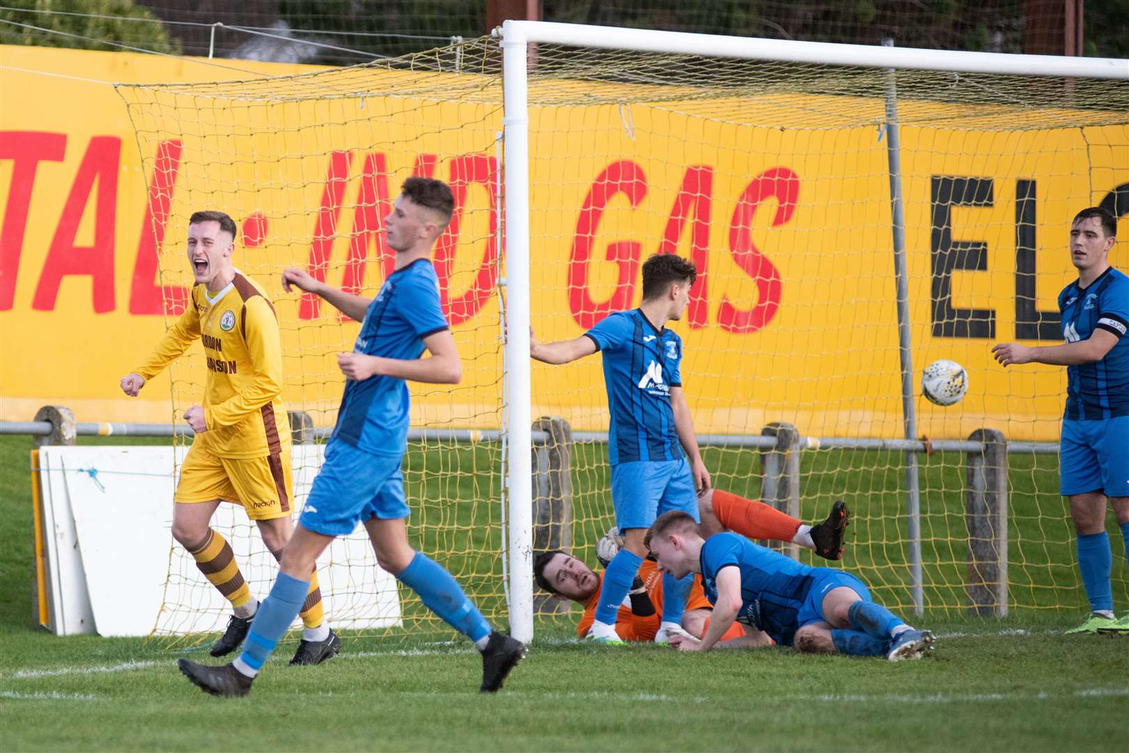 Forres Mechanics' Dale Wood wheels away to celebrate his first half goal against the Strathy Jags. ..Forres Mechanics FC (8) vs Strathspey Thistle FC (1) - Highland Football League 22/23 - Mosset Park, Forres 07/01/23...Picture: Daniel Forsyth..