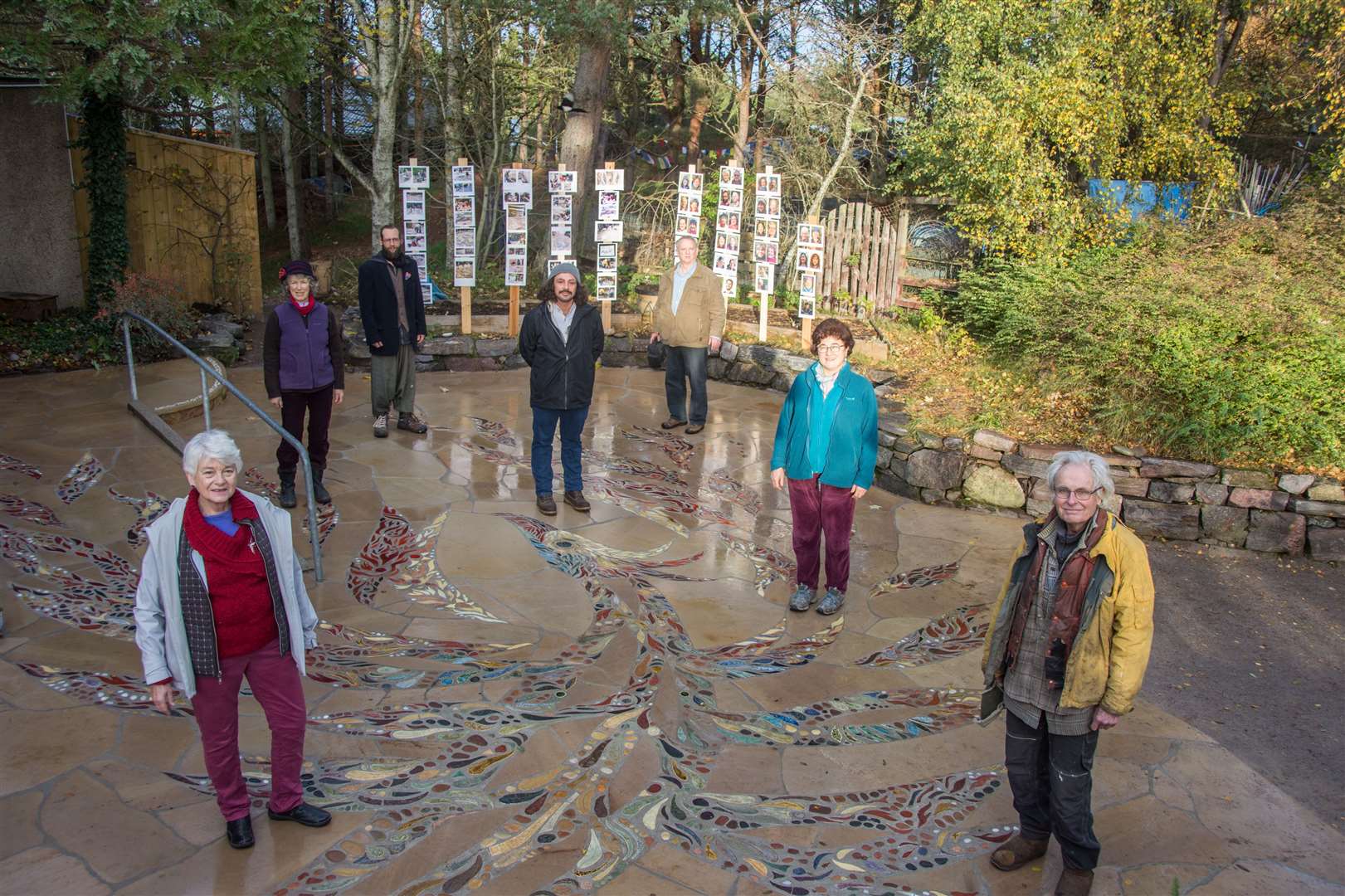 Project leader Caroline Shaw (left) and Alessandro Daboni (centre) with some mosaic project volunteers at the Findhorn Foundation's Universal Hall. Picture: Becky Saunderson.