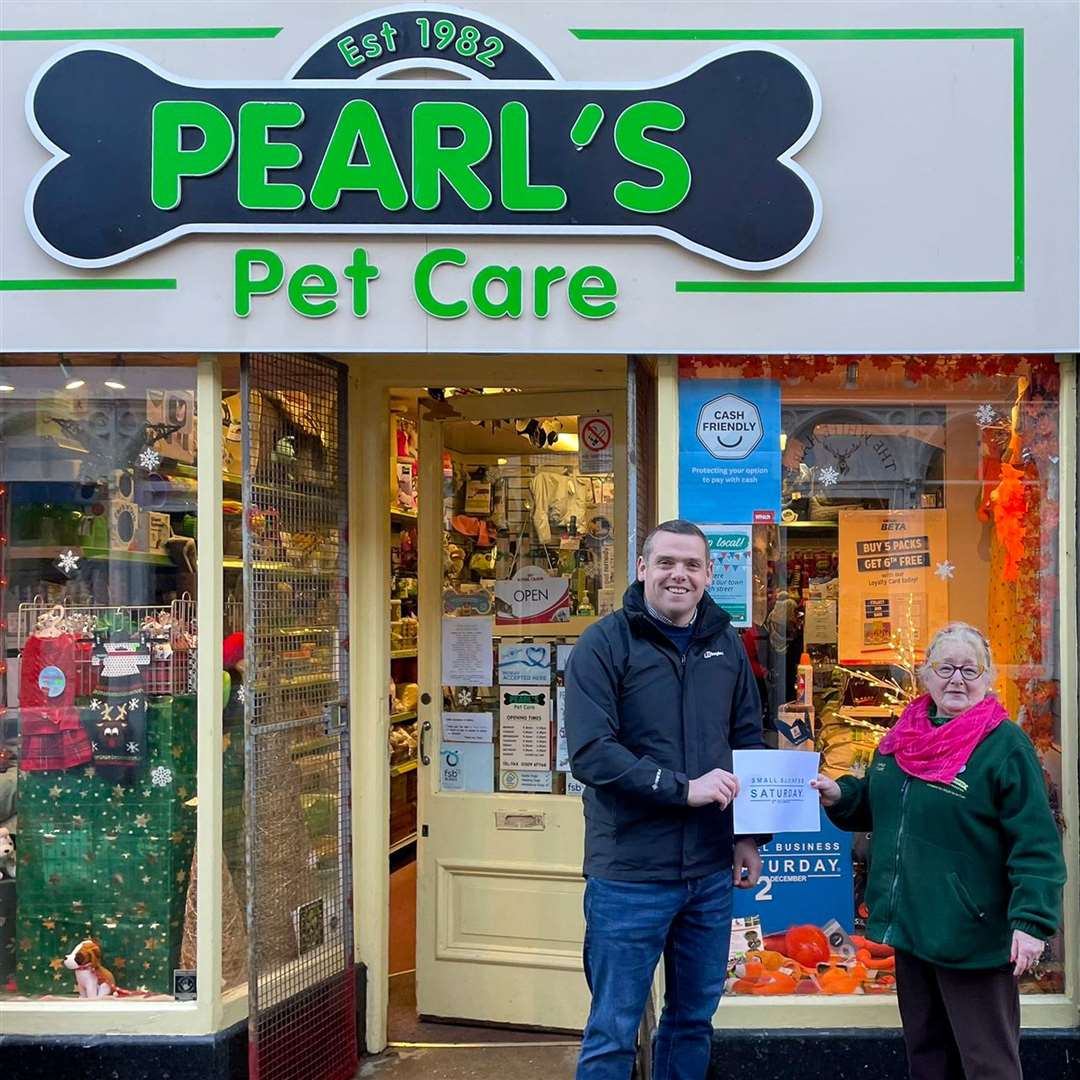 Popping in to see Pearl Hamilton at Pearl's Pet Care is Moray MP Douglas Ross.