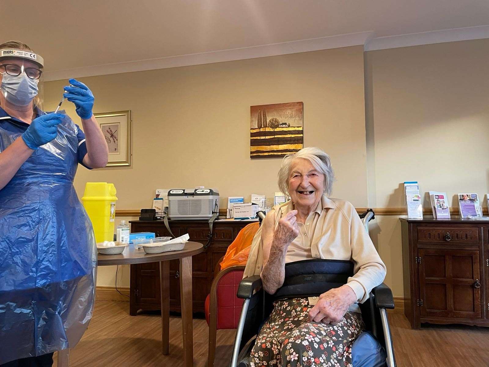 Mrs Birrell was ‘thrilled’ to receive the vaccine. (Foxholes Care Home/PA)