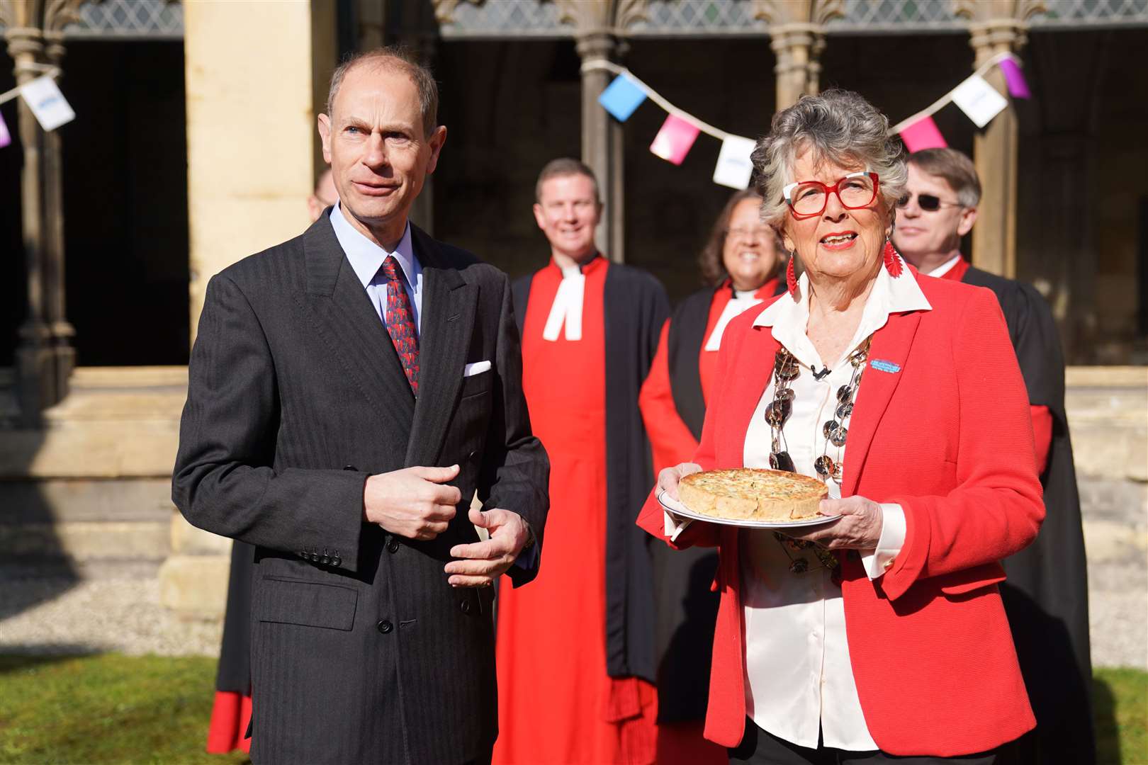 The Duke of Edinburgh and Coronation Big Lunch Ambassador Dame Prue Leith with the official coronation quiche at a Coronation Big Lunch hosted by the Archbishop of Canterbury, at Westminster Abbey (James Manning/PA)