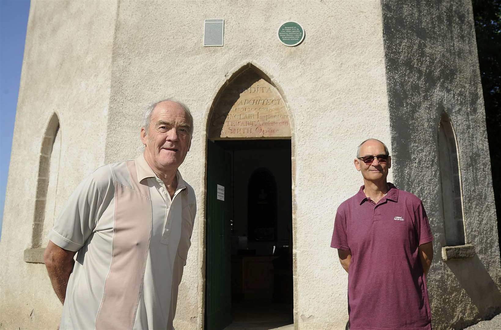 Forres Heritage Trust members Peter Haworth and George Alexander at the Nelson's Tower entrance.