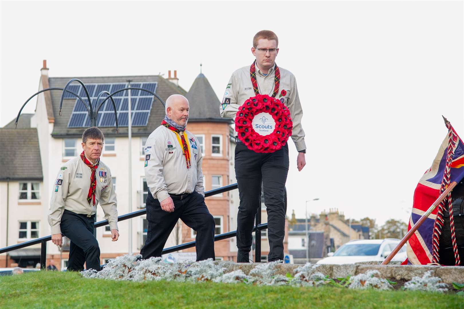 Left to Right - John Berry, John Innes and Craig Barron of the 1st Forres Scout group lay a wreath at the town's memorial...Remembrance Sunday 2020...Picture: Daniel Forsyth..