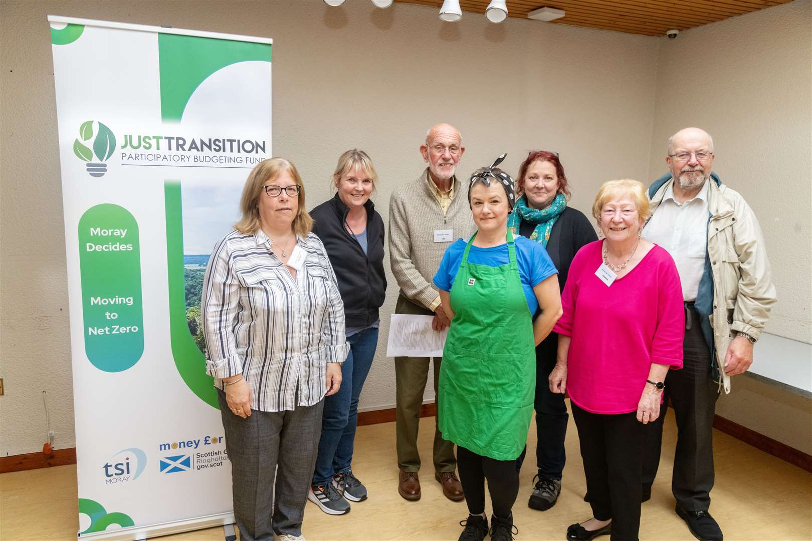 Jackie Maclaren (tsiMoray), Louise Nicol (tsiMoray), Les Morgan (Money for Moray), Anna Henderson (Forres House Garden Project), Rose Toney (NESCAN Hub), Sandra Maclennan (tsiMoray) and David Parker (Forres Men's Shed) at the Just Transition Participatory Budgeting Roadshow at Forres House Community Centre in July.