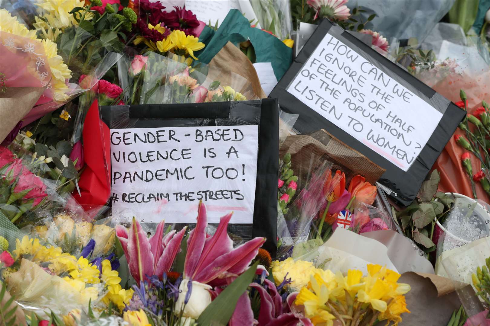 Floral tributes left at the bandstand in Clapham Common, London, for murdered Sarah Everard (Jonathan Brady/PA)