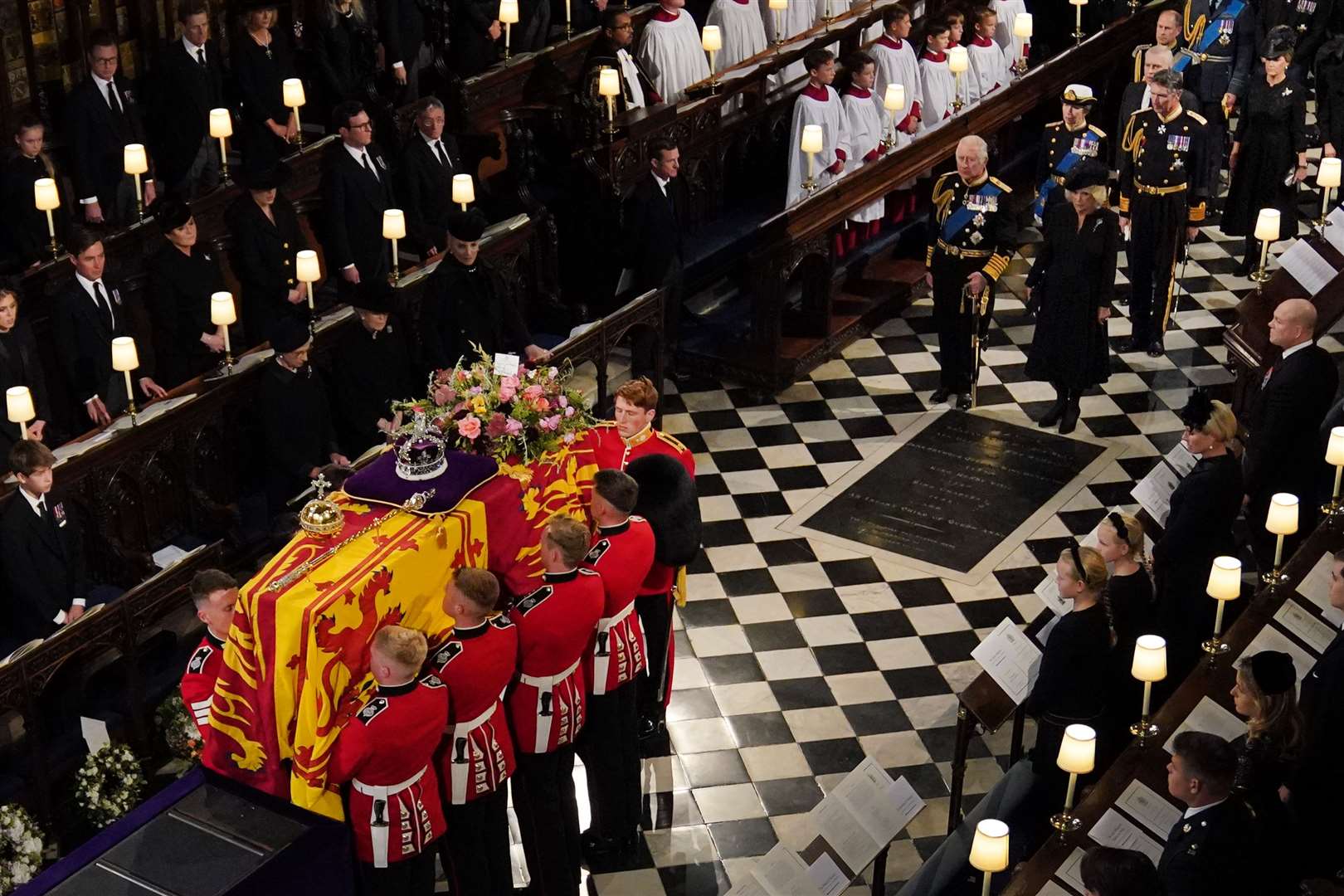The King leads the royal family behind the coffin of Queen Elizabeth II during the committal service (Victoria Jones/PA)