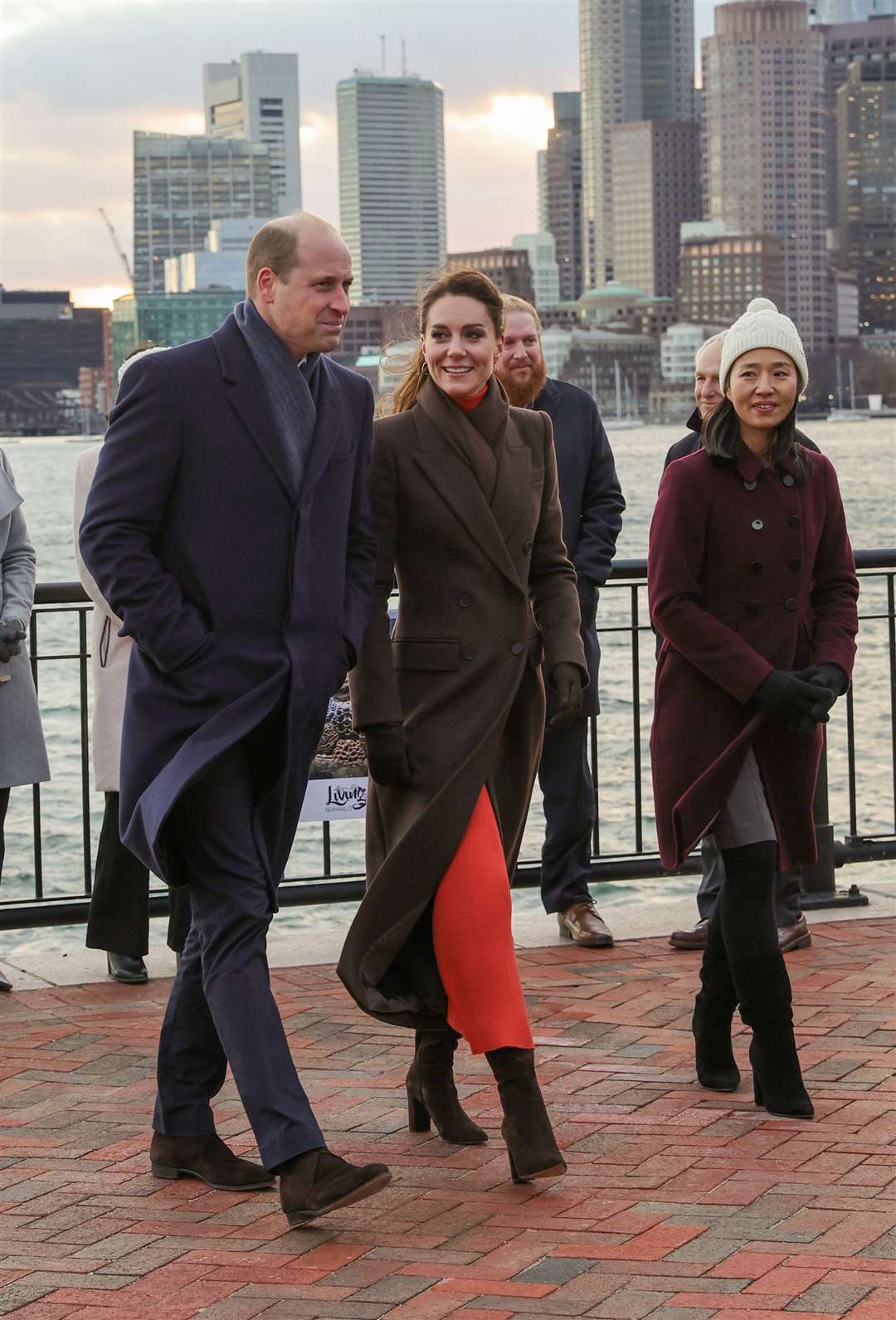 The couple with Mayor Michelle Wu (right) during a visit to Boston Harbour Defences (Chris Jackson/PA)