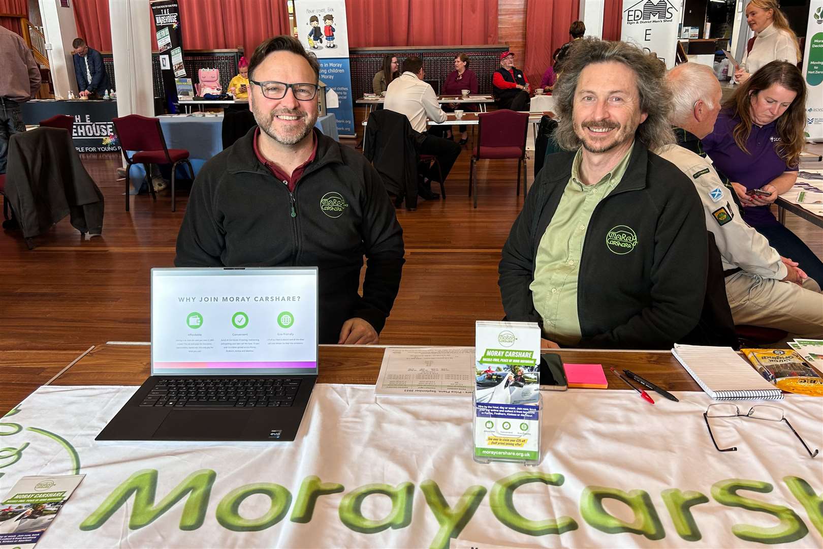 Moray Car Share's stall at the recent public Just Transition Participatory Budgeting Fund voting and marketplace Event at Elgin Town Hall. Picture: Louise Nicol
