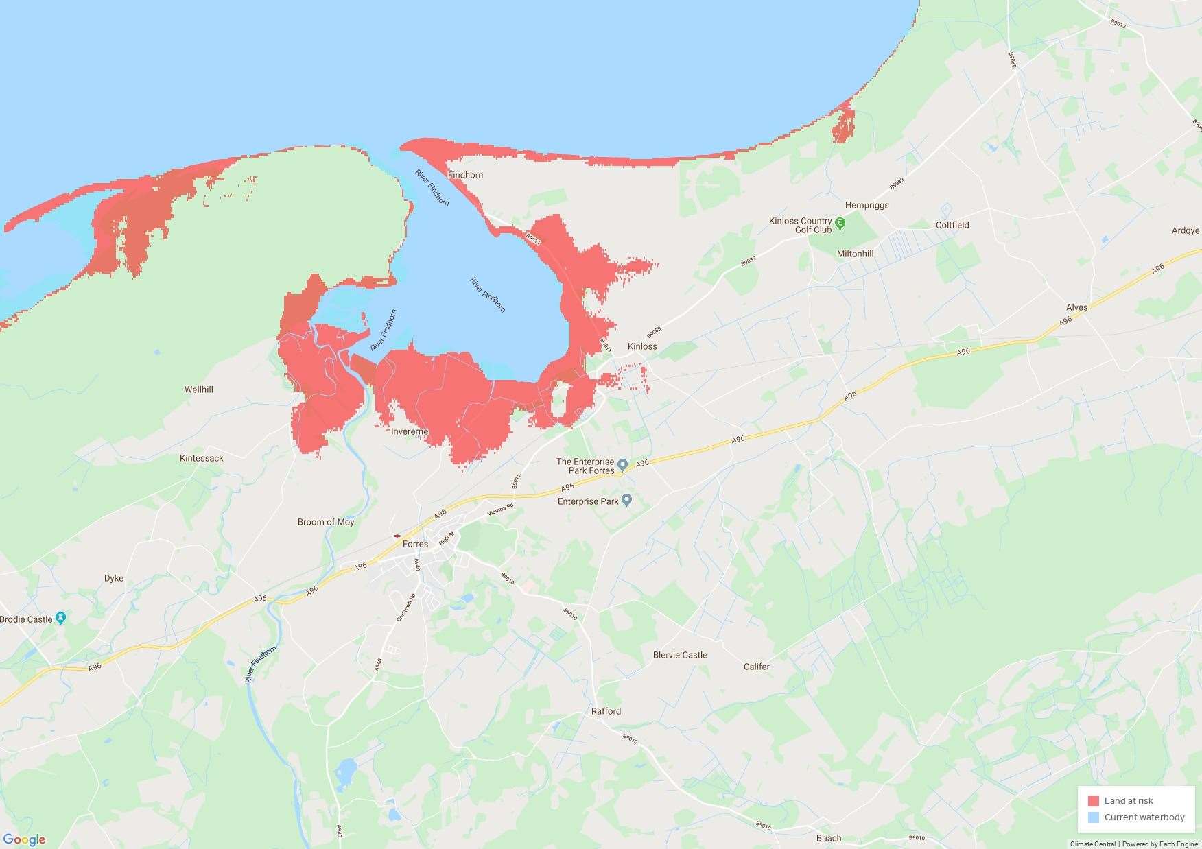 Climate Central, a US-based climate science organisation, has created this map of Findhorn Bay as it may look by 2050.
