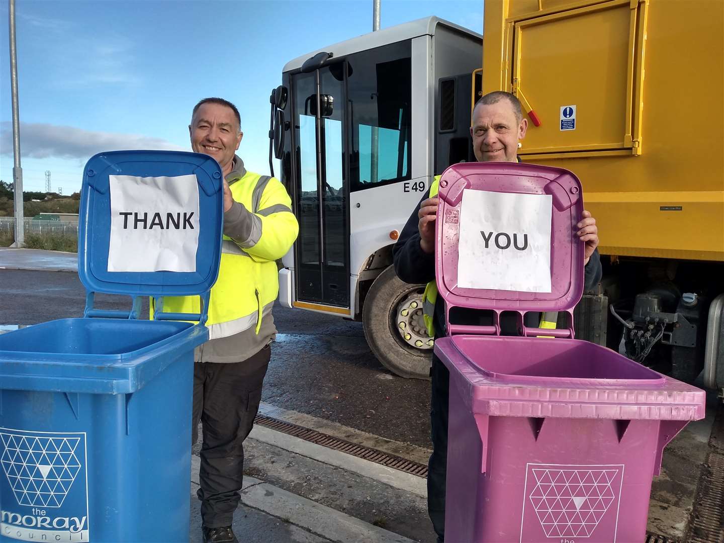Moray refuse crewmen Jim Durkin (left) and Andy Hay thank Moray residents for their recycling efforts.