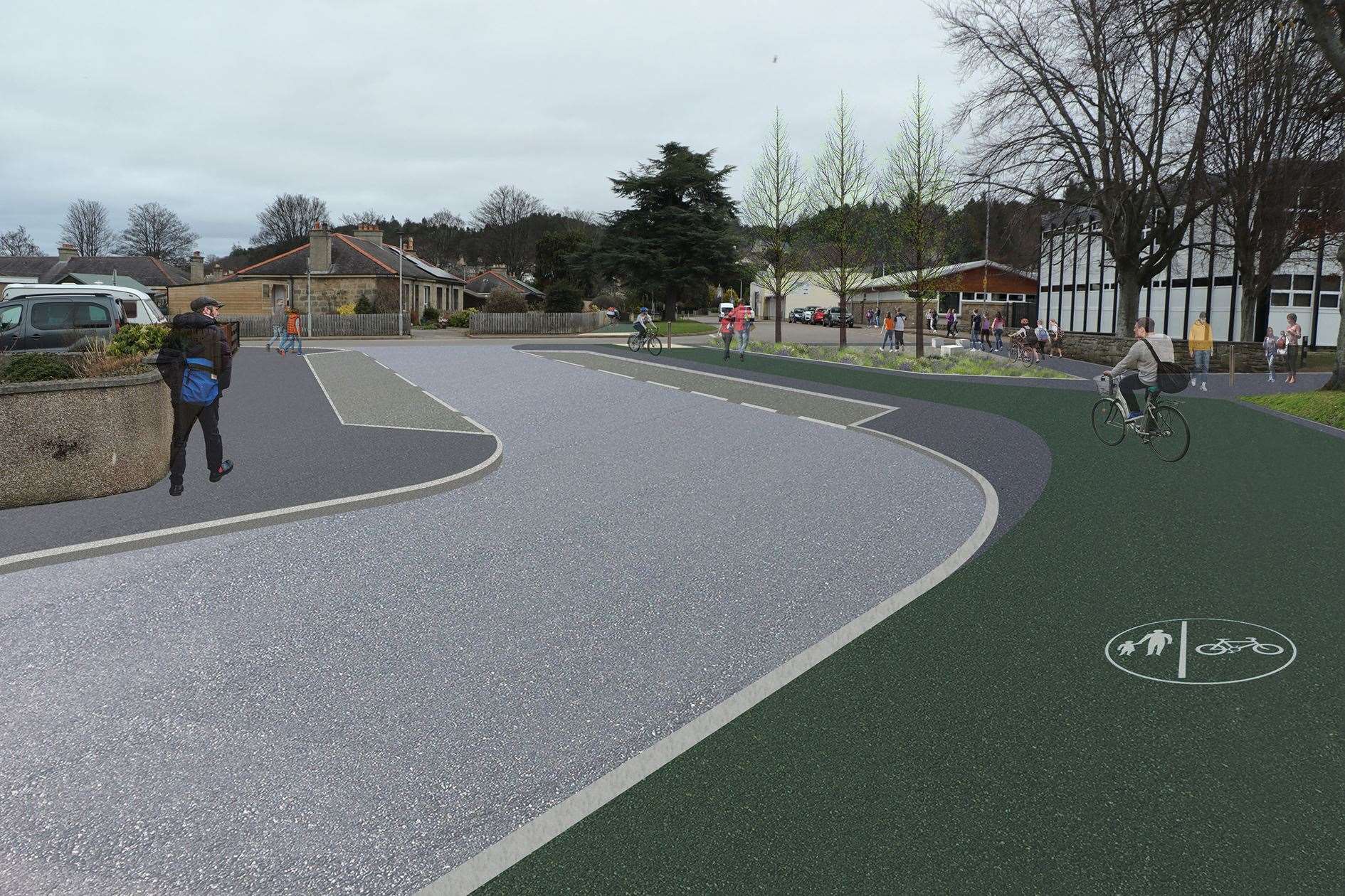 Artist's impression of widened area outside Forres Academy and Burdshaugh at its junction with Castle Street.