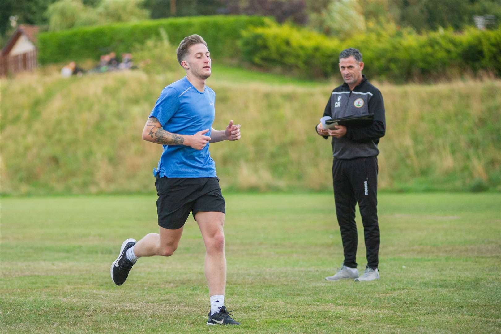 Dale Wood and manager Charlie Rowley. ..Forres Mechanics FC return to training after the coronavirus shutdown ahead of this season's Highland League campaign. ..Picture: Daniel Forsyth..
