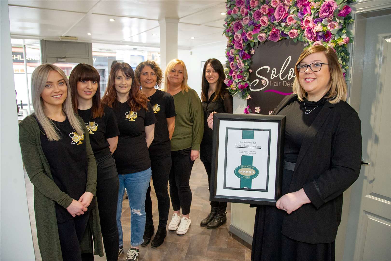 The Solo Hair Design team show off their five star rating from the Good Salon Guide. ..Owner Lisa Lawrence with staff - left to right - Lisa Piper, Lauren MacDonald, Natalie Gilchrist, Wendy Davidson, Joanne Hair and Dannielle Davies. ..Picture: Daniel Forsyth..