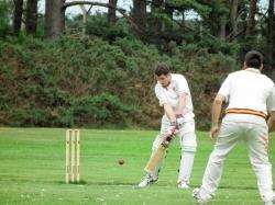 Aaron McLean defending the Forres wicket against the bowling of RAF Lossiemouth’s Wolton.