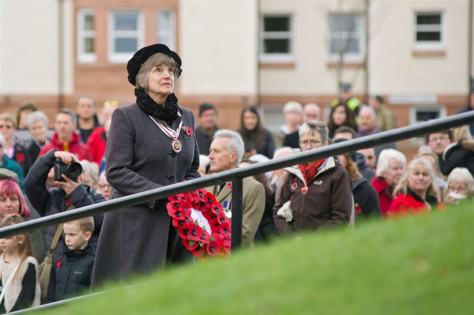 Joanna Grant Peterkin, Deputy Lord Lieutenant, as she lays a wreath at Forres...2018 Forres Remembrance Sunday parade and wreath laying. ..Picture: Daniel Forsyth. Image No.042559.