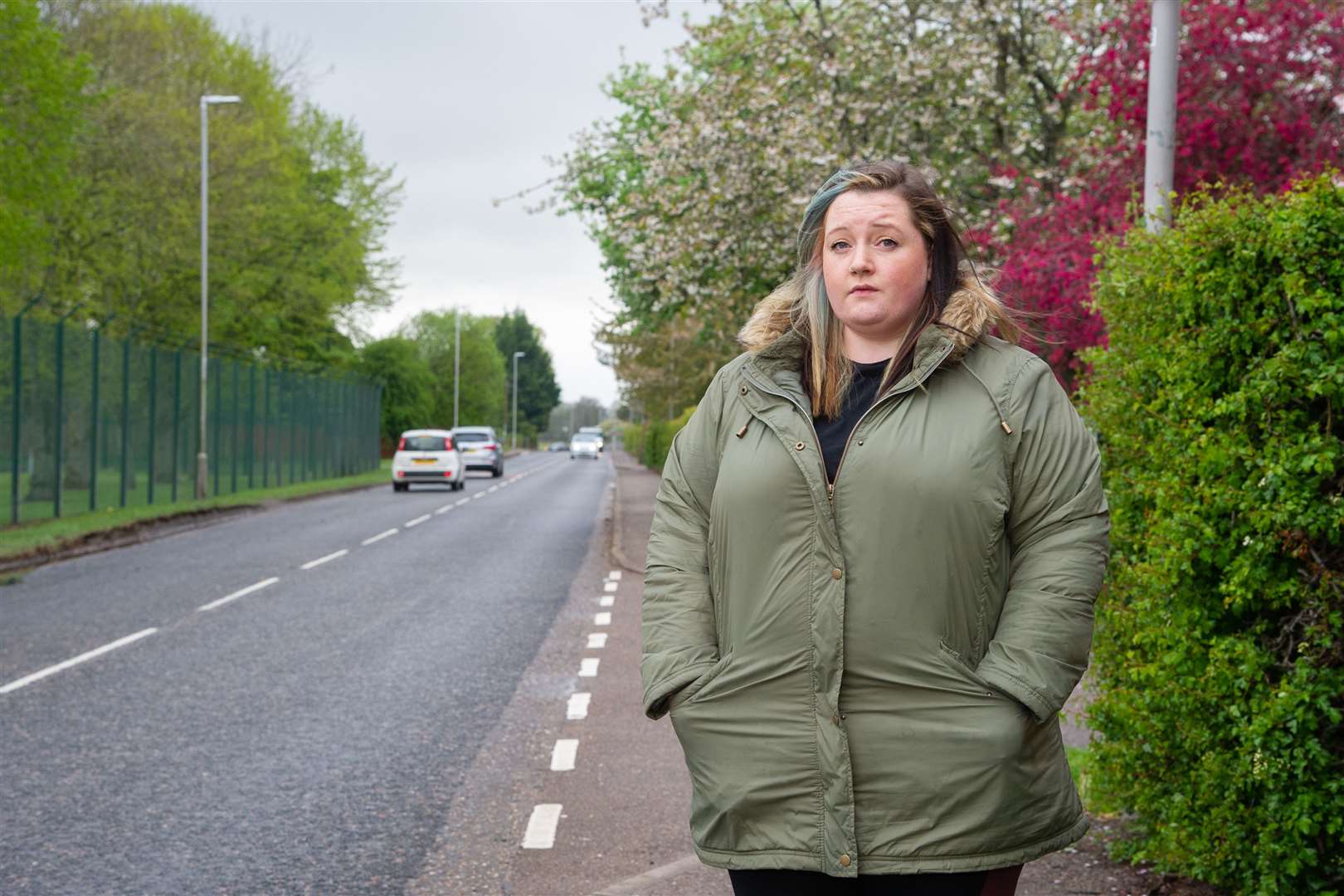 Becky Black outside Kinloss Primary School on the stretch of road where her son was involved in an accident...Picture: Daniel Forsyth..