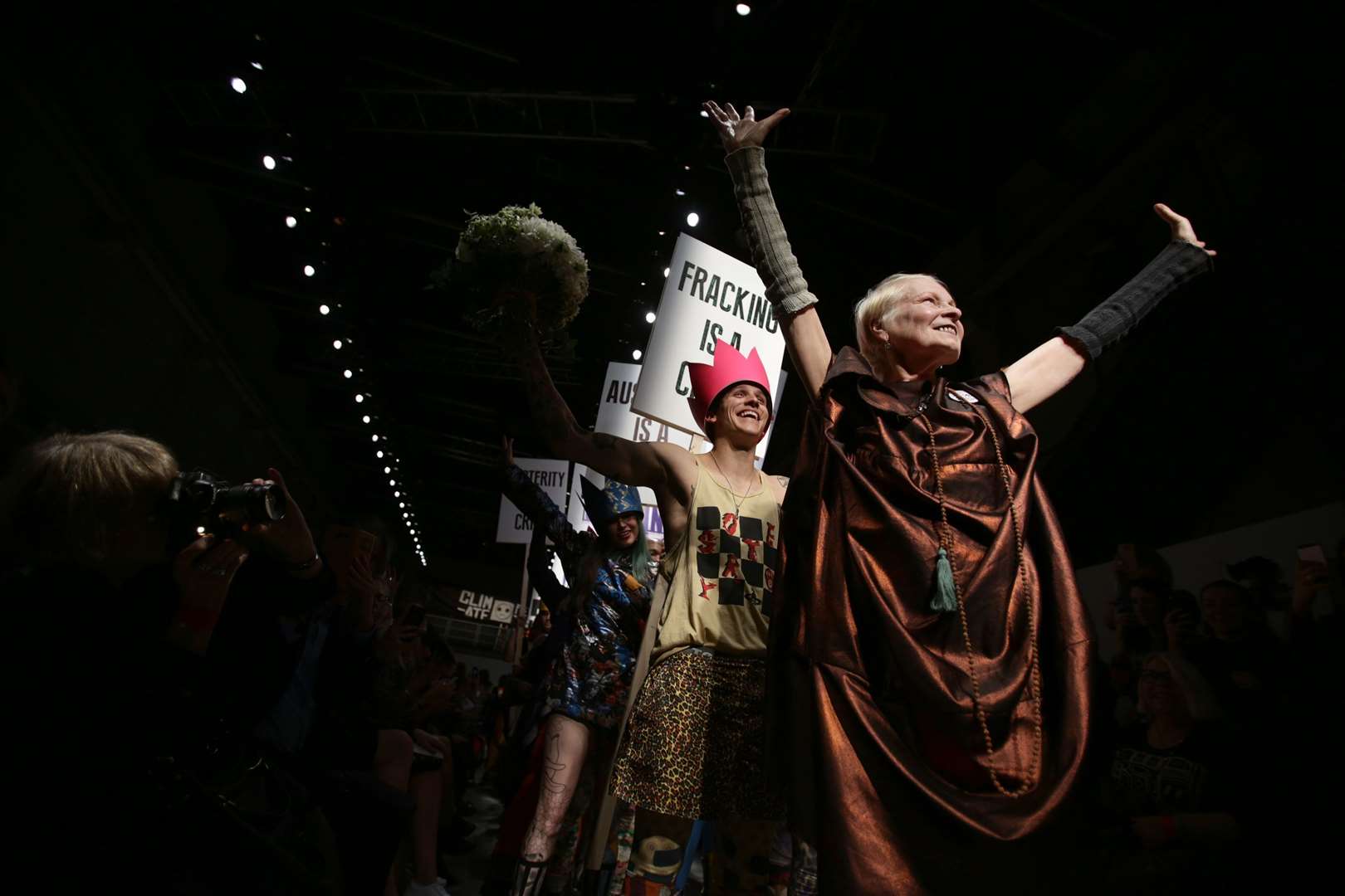 Dame Vivienne and models on the catwalk during the Vivienne Westwood Spring/Summer 2016 London Fashion Week show (Yui Mok/PA)