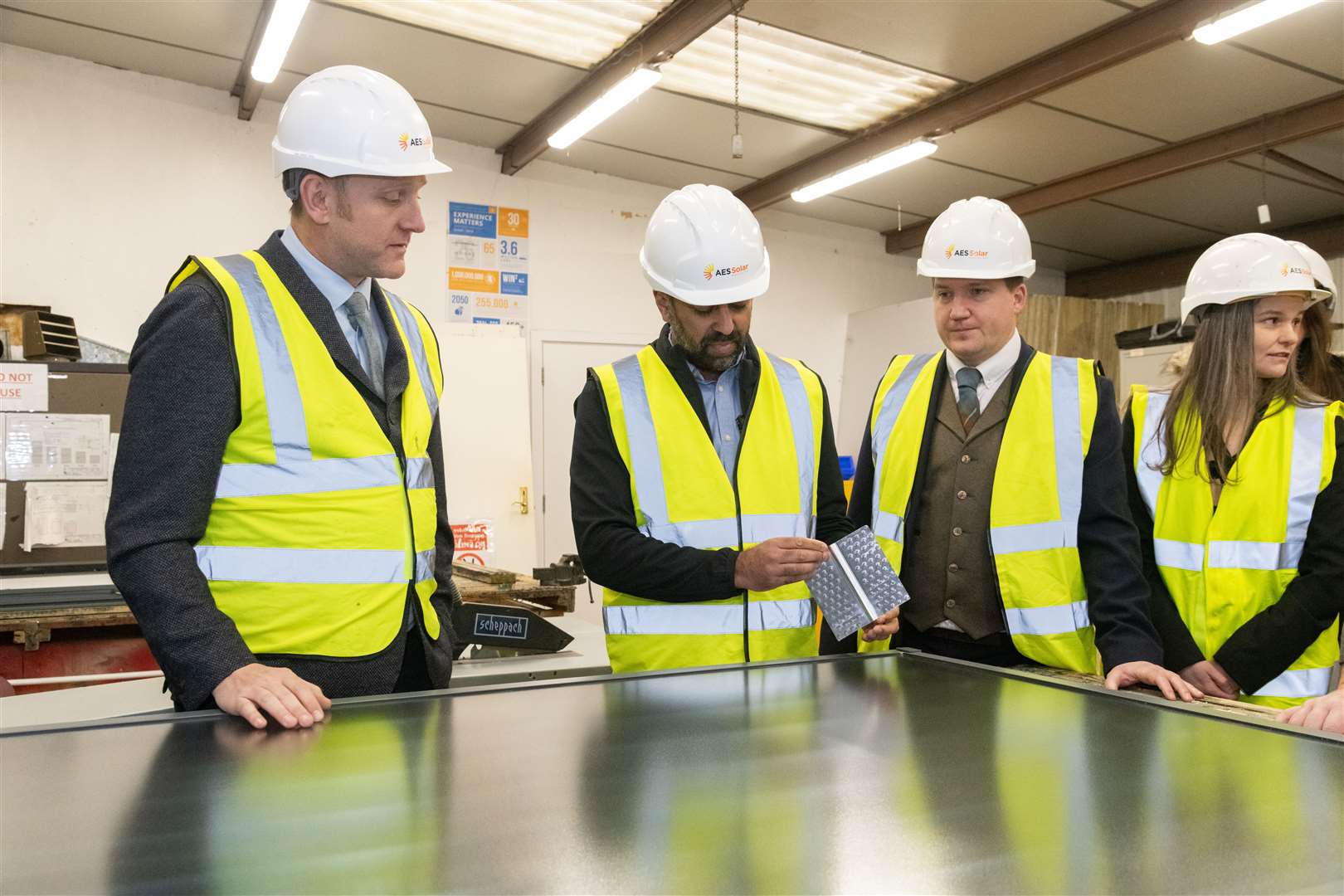 First Minister Humza Yousaf learns about solar panels at AES Solar in Forres. From left: Campbell MacLennan (Technical Director), Jamie Di Sotto (Commercial Director) and Lynn Davidson (Finance Director)...Picture: Beth Taylor