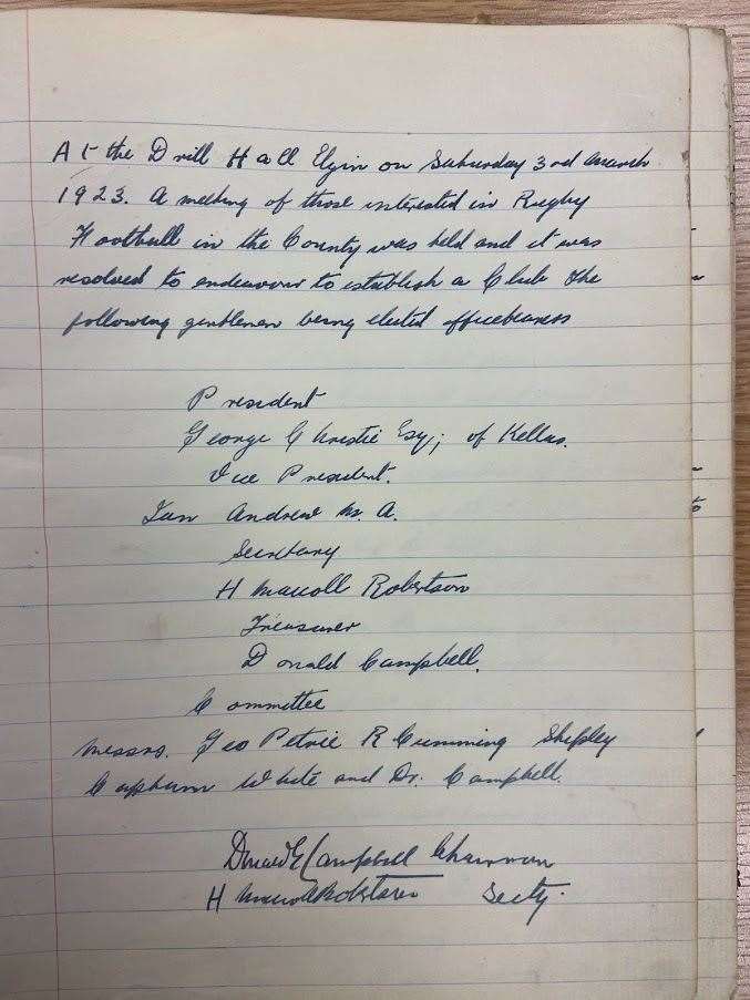 Moray Rugby Club minute book entry from 1923.