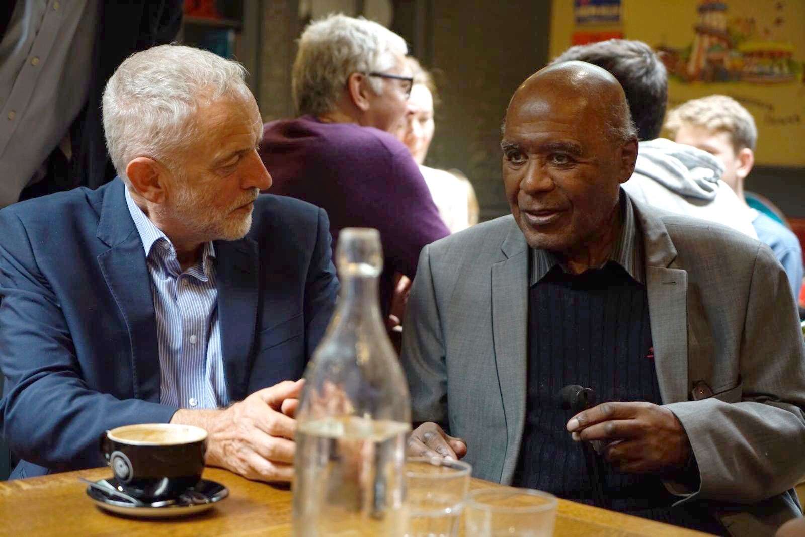 Then Labour leader Jeremy Corbyn meets Roy Hackett’s fellow civil rights activist Paul Stephenson during a visit to Bristol (Labour Party/PA)