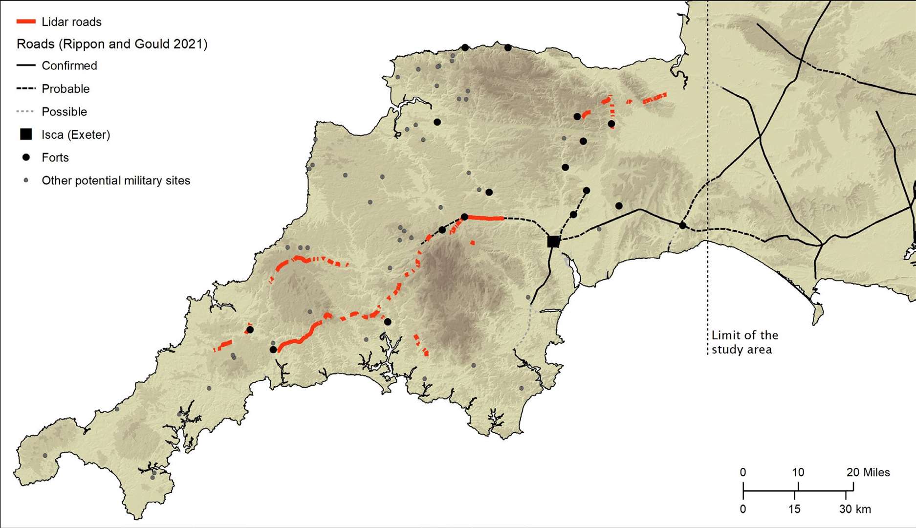 The Environment Agency’s LiDAR scans provided the data to identify new sections of Roman roads (University of Exeter/PA)