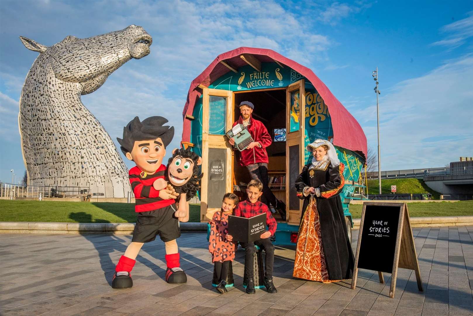 Scotland’s Year of Stories 2022 was launched with Scottish story icons Dennis the Menace and Mary, Queen of Scots sharing their tales with Luke Winter of the Story Wagon. Picture: VisitScotland/Chris Watt