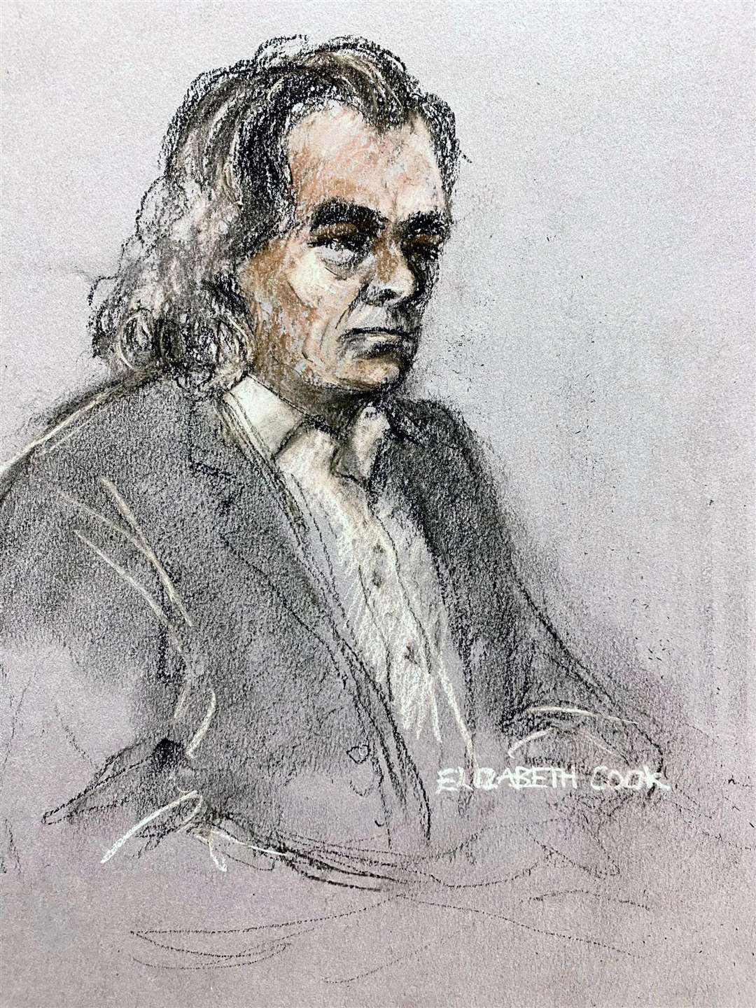 Court artist sketch of Gerry ‘The Monk’ Hutch listening to former Sinn Fein councillor Jonathan Dowdall giving evidence during the trial (Elizabeth Cook/PA)