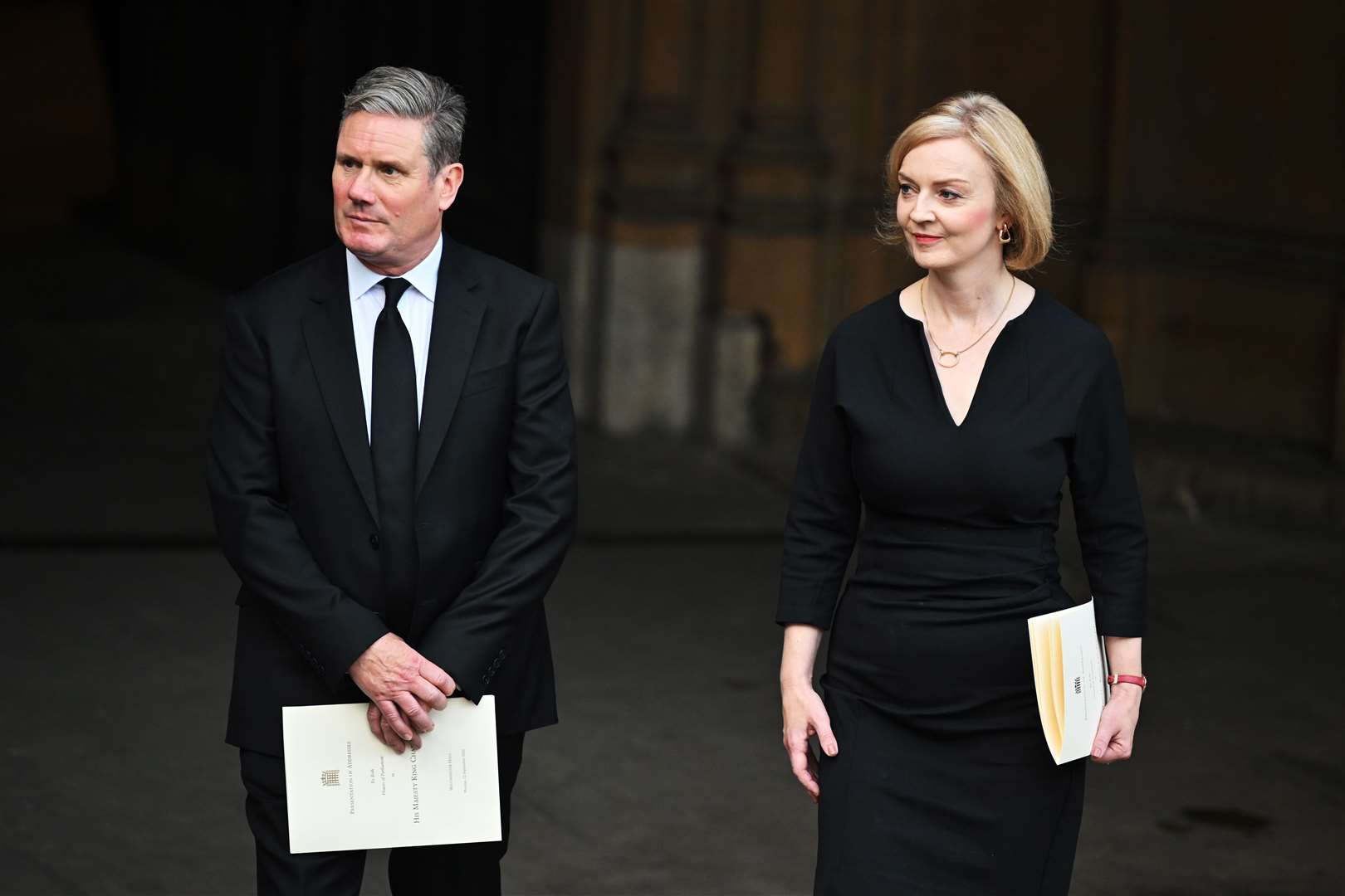 Labour leader Sir Keir Starmer and Prime Minister Liz Truss leave Westminster Hall after both Houses of Parliament expressed their condolences following the Queen’s death (Leon Neal/PA)