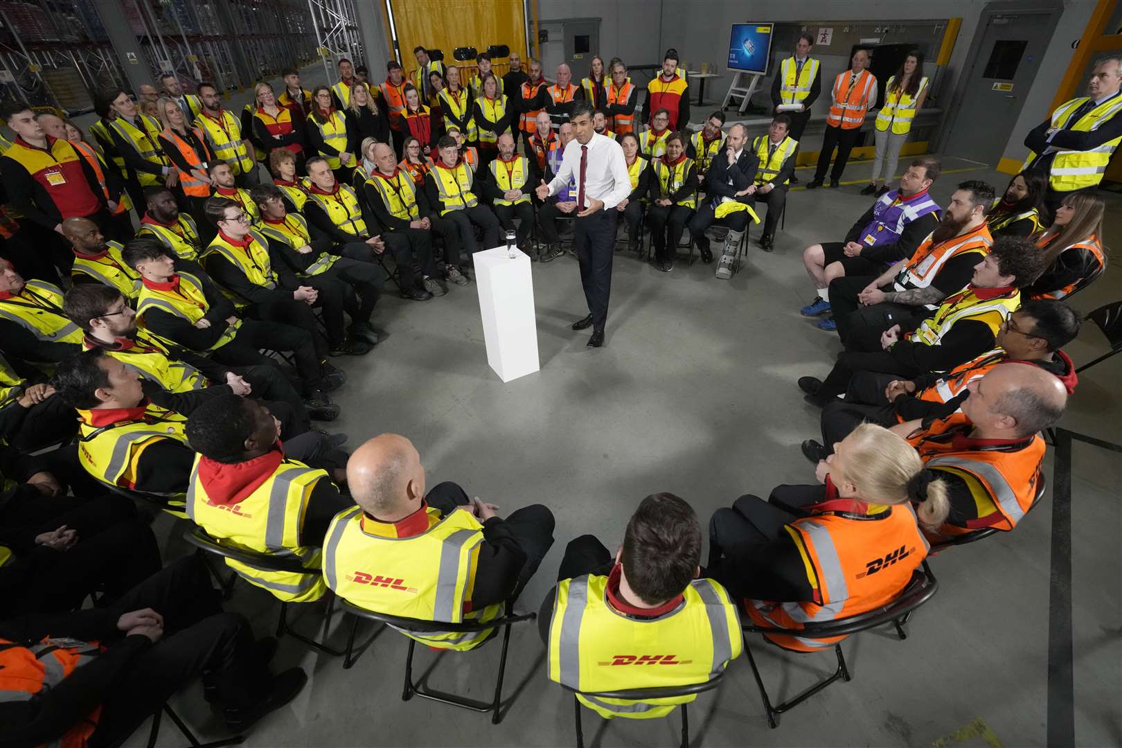 Prime Minister Rishi Sunak holds a PM Connect at DHL London Gateway, Corringham, Stanford-le-Hope, Essex (Frank Augstein/PA)