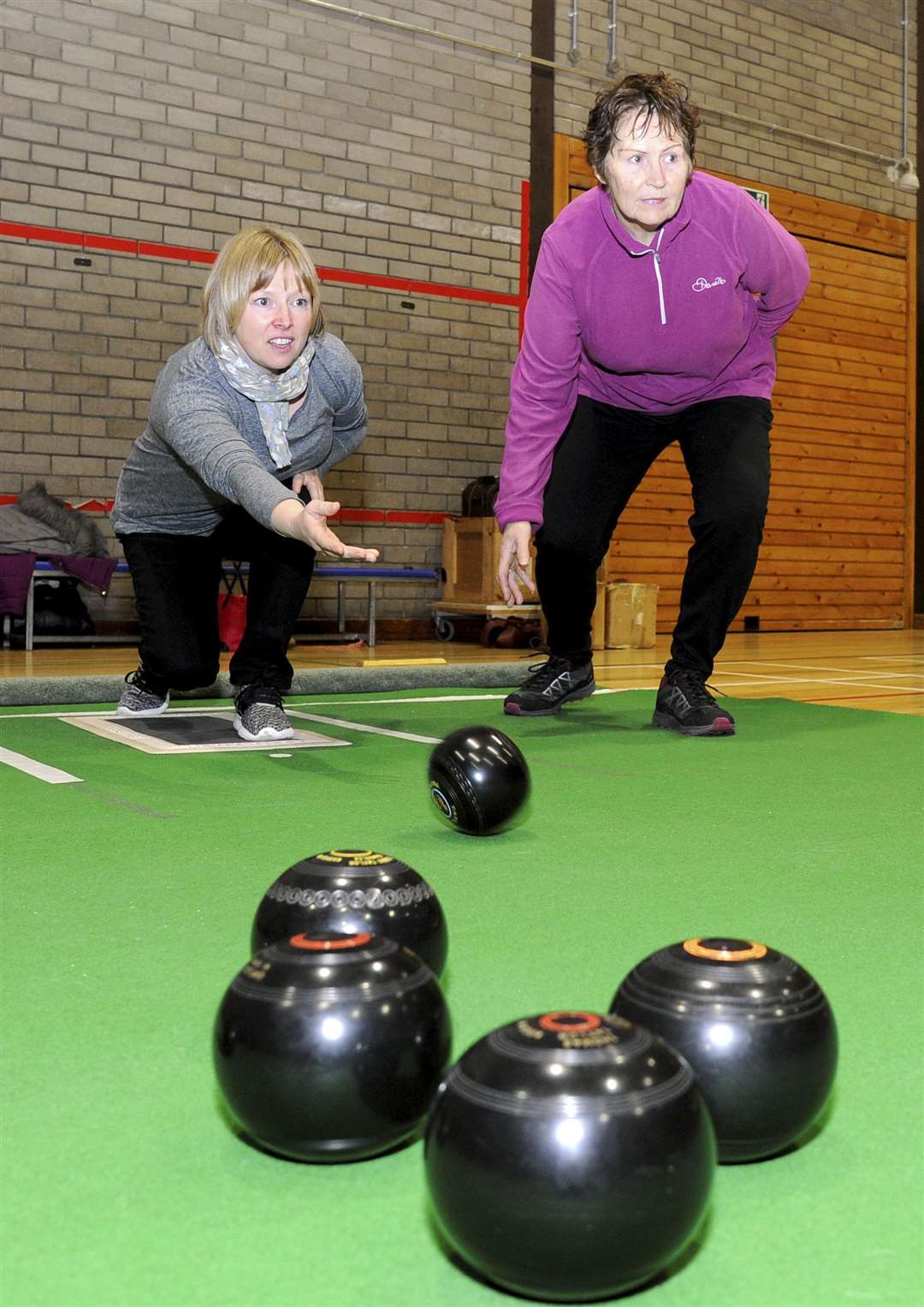 Sharon Finlay from active minds and Cllr Lorna Creswell taking part in the first free indoor bowling session at the Forres Community Centre. Picture: Eric Cormack