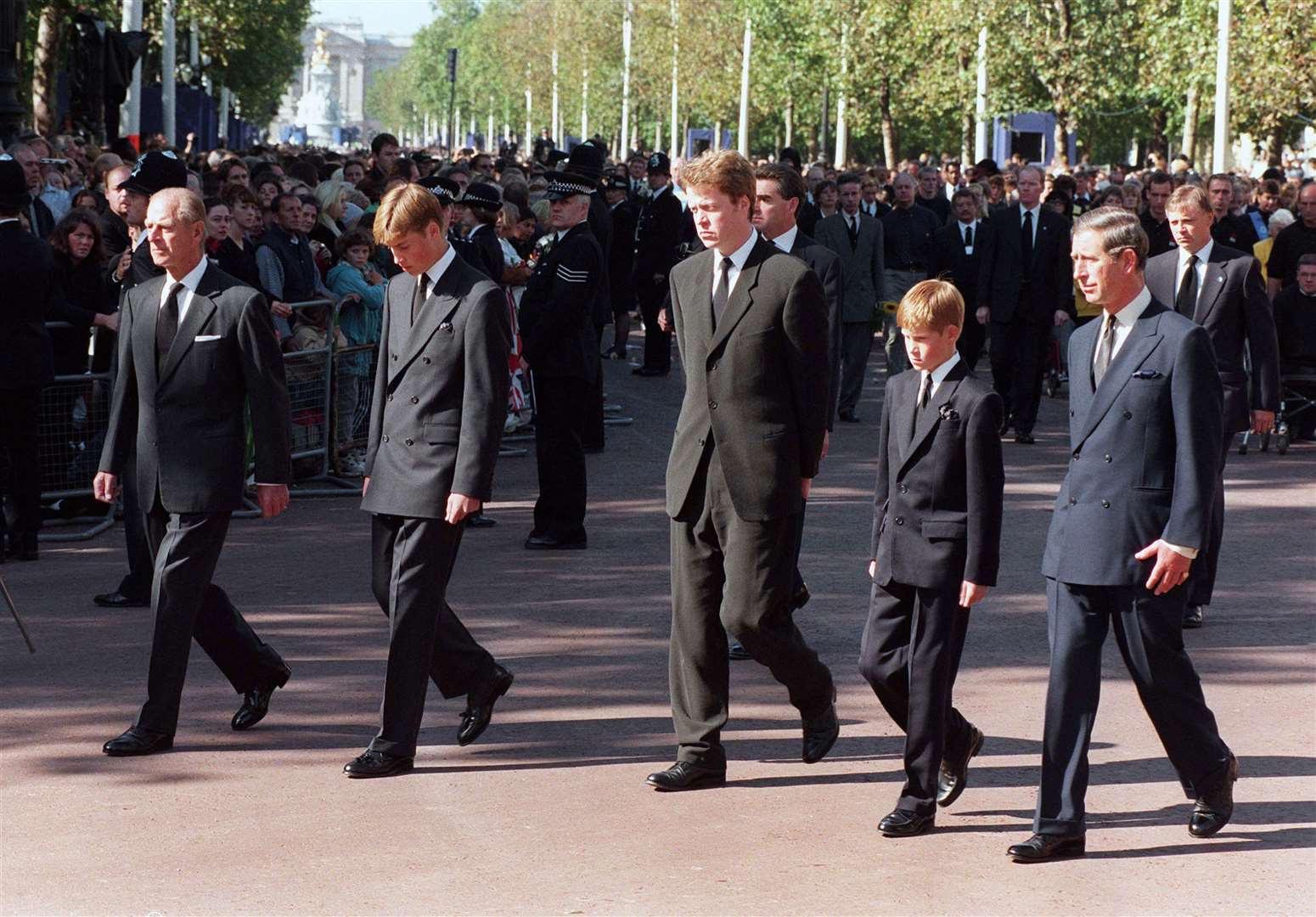 From left to right: The Duke of Edinburgh, Prince William, Earl Spencer, Prince Harry and the Prince of Wales as they follow Diana’s coffin to Westminster Abbey (Tony Harris/PA)