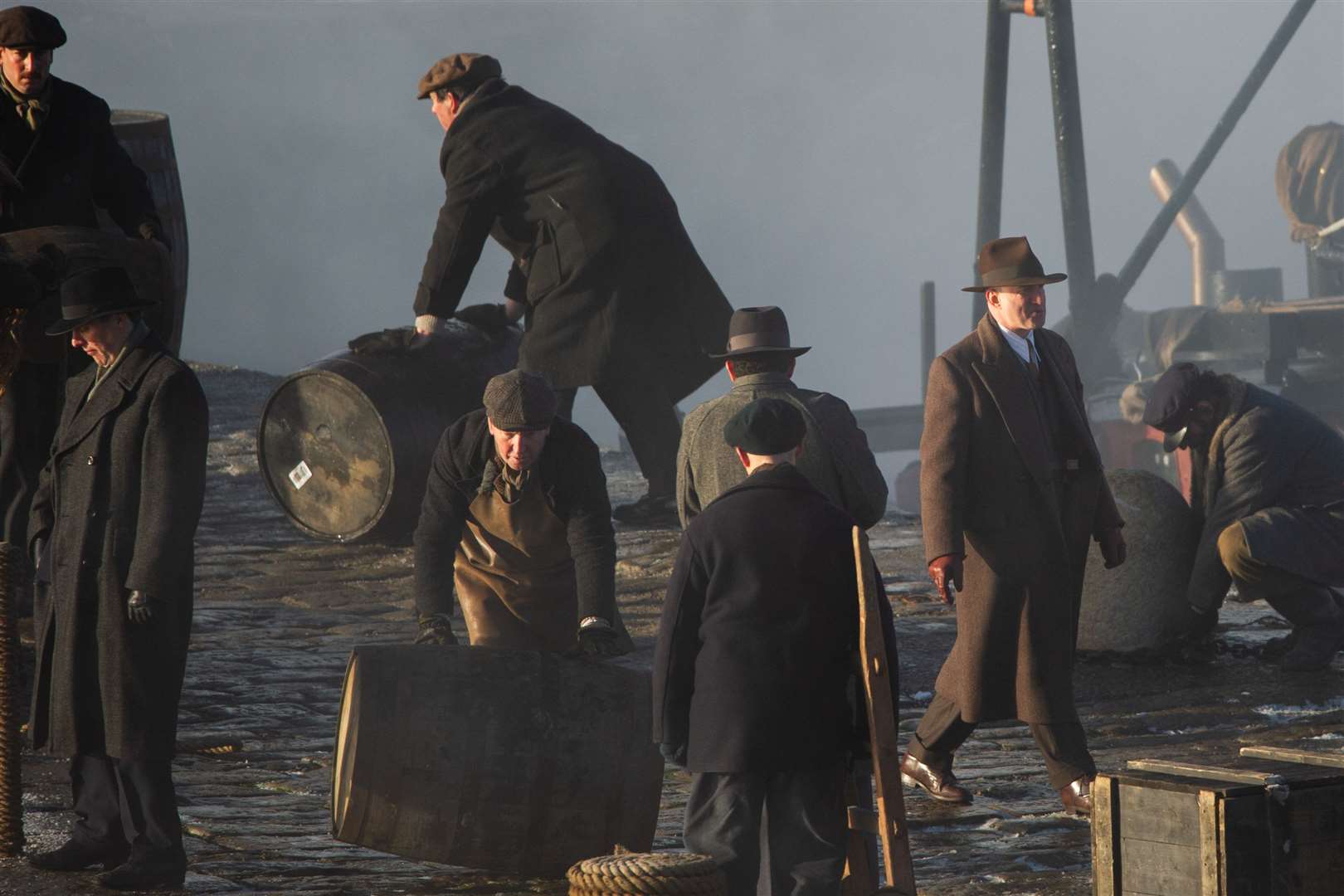 Filming took place on the Portsoy harbour pier on Friday afternoon. ..Peaky Blinders filming in Portsoy 12/02/2021...Picture: Daniel Forsyth..