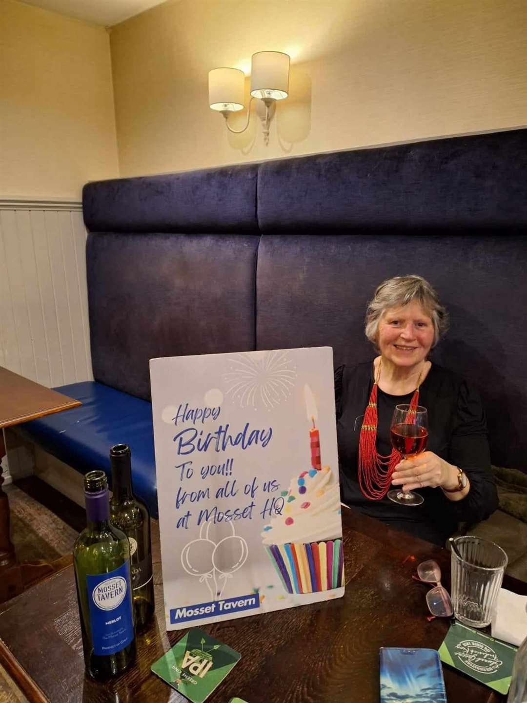 Lorna celebrating in The Mosset Tavern.