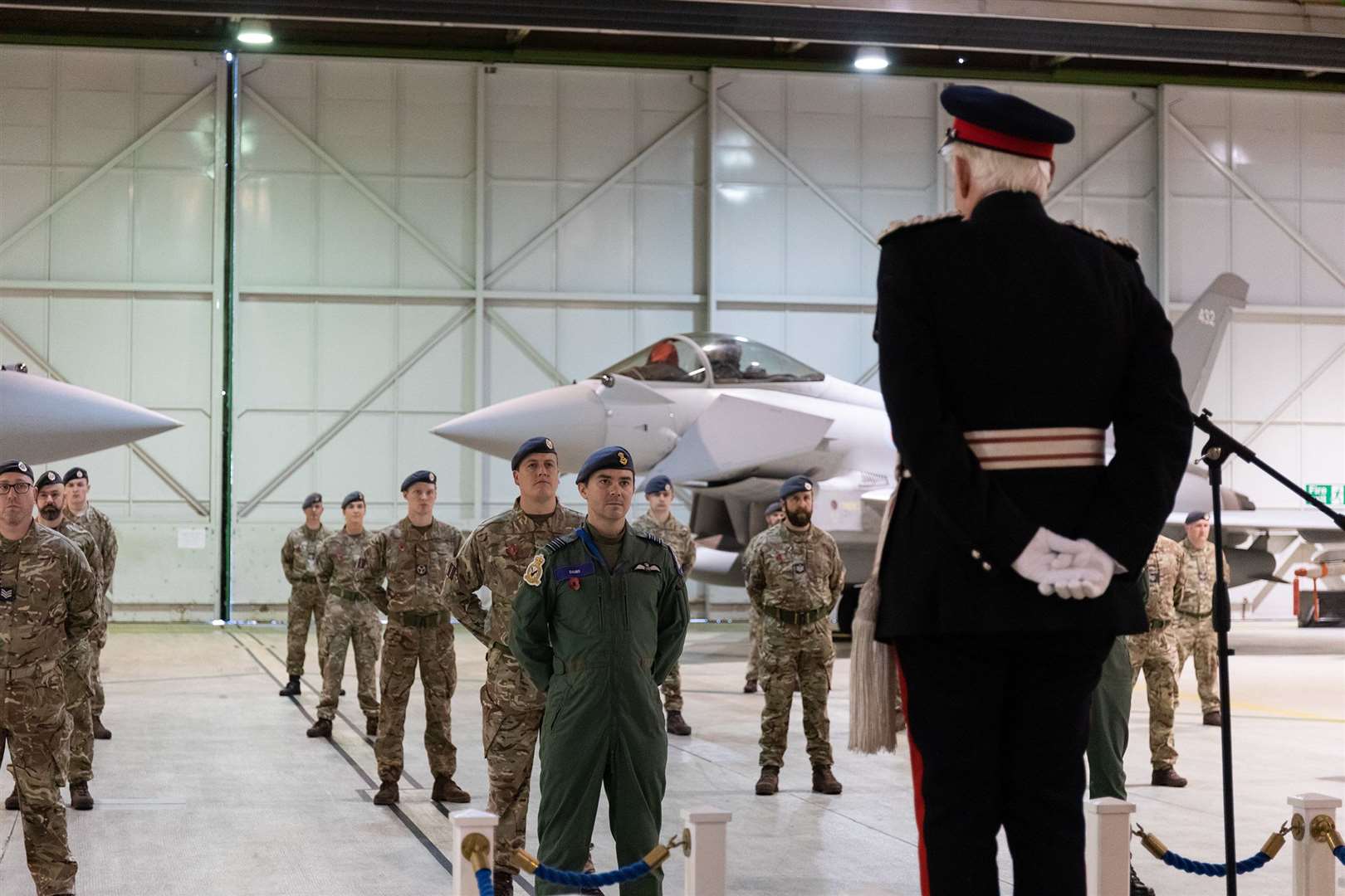 The Lord Lieutenant of Moray, Major General Seymour Monro, visits RAF Lossiemouth to present personnel with honours and awards at a presentation at No. 6 Squadron.