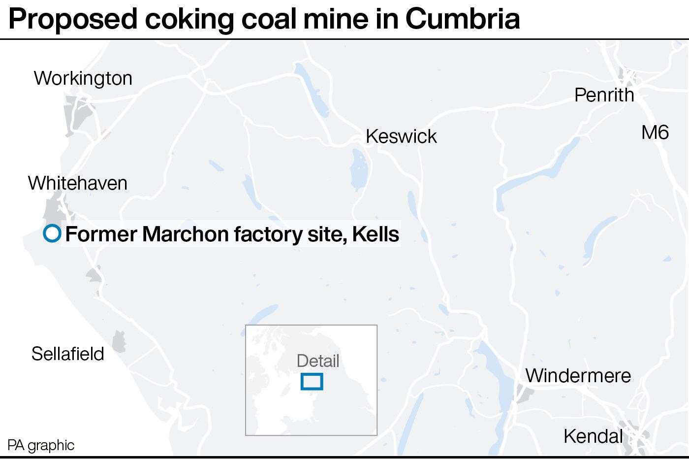 Proposed coking coal mine in Cumbria. See story ENVIRONMENT Coal. Infographic PA Graphics. An editable version of this graphic is available if required. Please contact graphics@pamediagroup.com.
