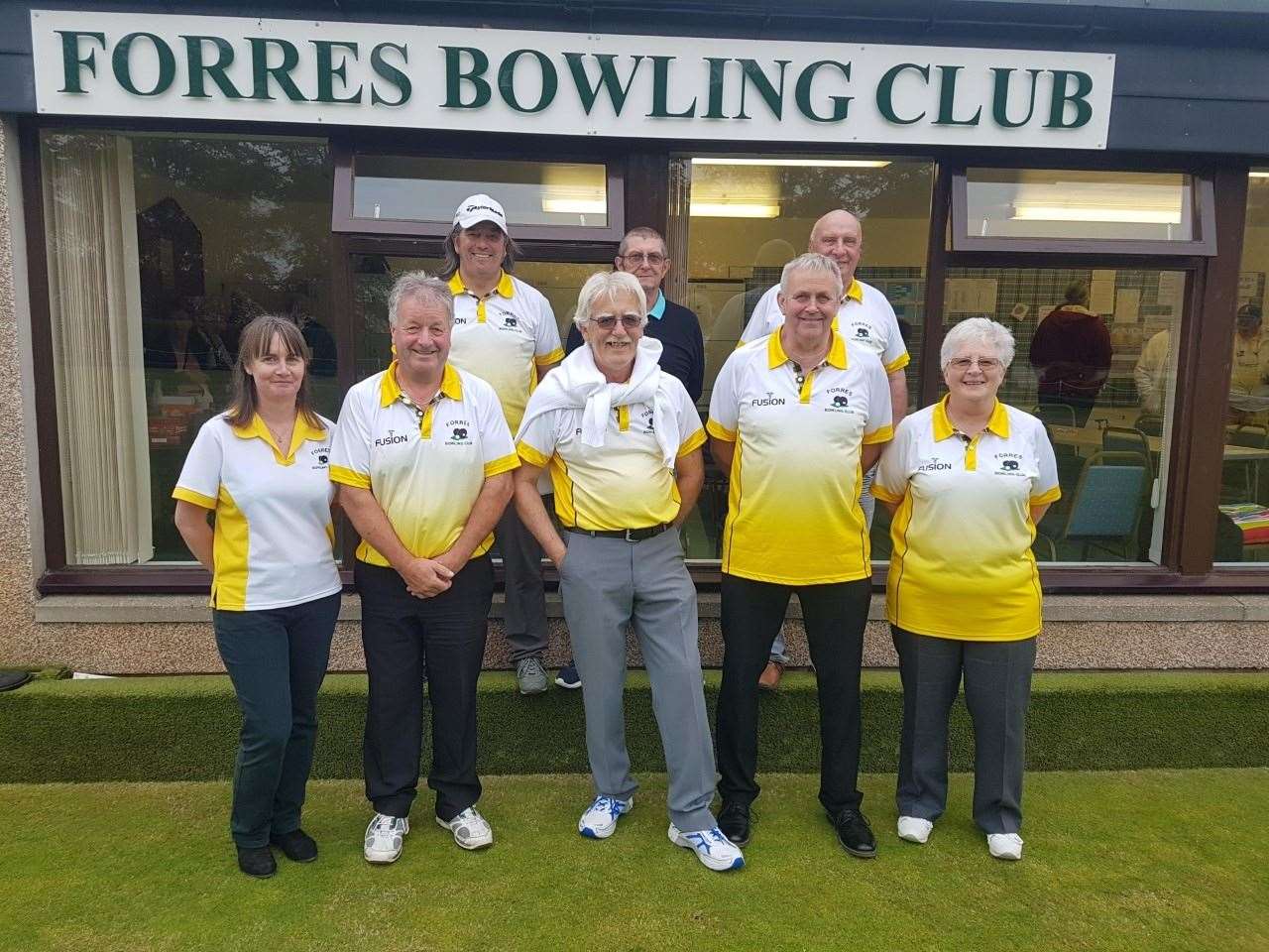Singles and pairs knockout winners at Forres Bowling Club. Back Row (left to right): Dean Dobbs, Derek Sobey and Charlie Watt. Front row: Lesley Coutts, John Ross, John Matthews, Brian Riddell and Mary Sobey.