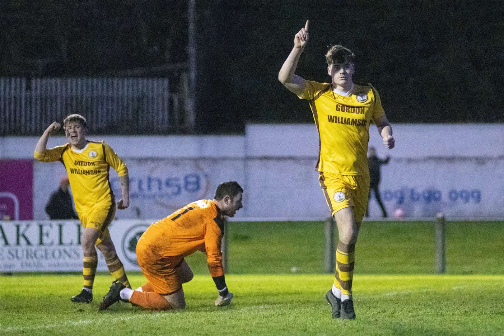 Forres Mechanics forward Ben Barron wheels away to celebrate his second and Forres' seventh goal of the afternoon...Forres Mechanics FC (8) vs Strathspey Thistle FC (1) - Highland Football League 22/23 - Mosset Park, Forres 07/01/23...Picture: Daniel Forsyth..