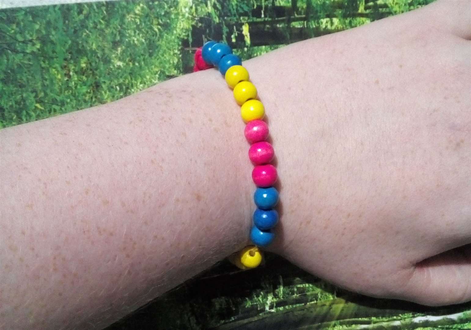Just one of the bracelets made at school for Pride month in 2023.