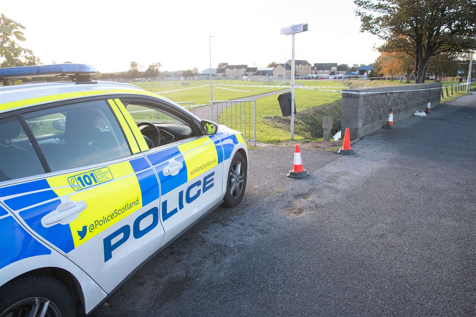 Police remain at the scene at the Tyock Burn in Elgin today (24/10) following the discovery of a body in the water yesterday. ..Picture: Highland News and Media..